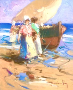 Vintage Spanish fishermen on the beach Spain oil on board painting