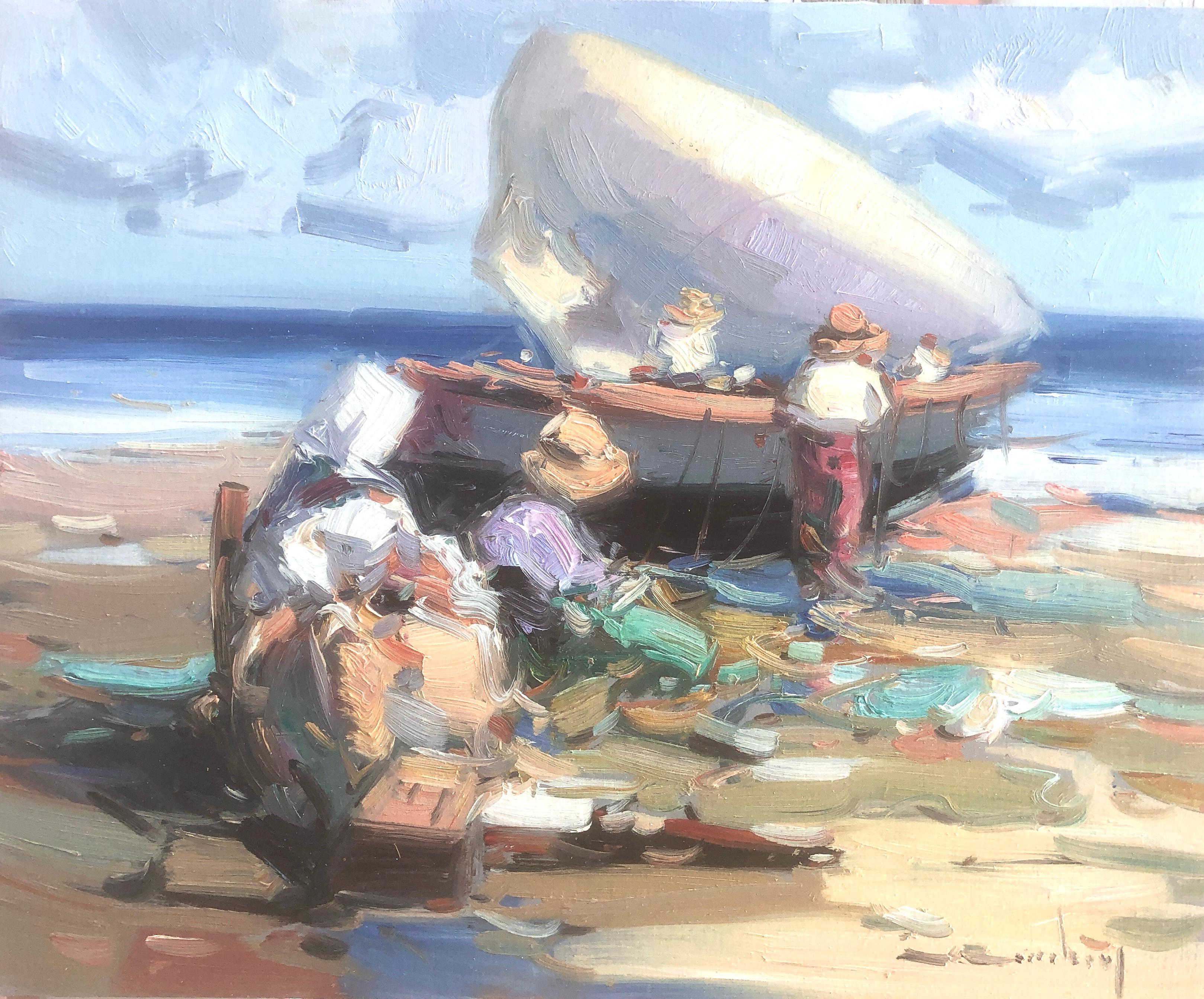 Gabriel Casarrubios Landscape Painting – Spanische Fischer am Strand, Spanien, Ölgemälde auf Karton