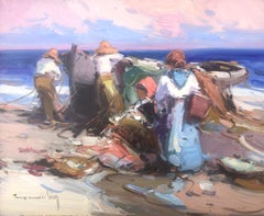 Vintage Spanish fishermen on the beach Spain oil on board painting