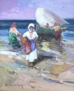 Pescadores españoles en la playa España pintura al óleo sobre tabla