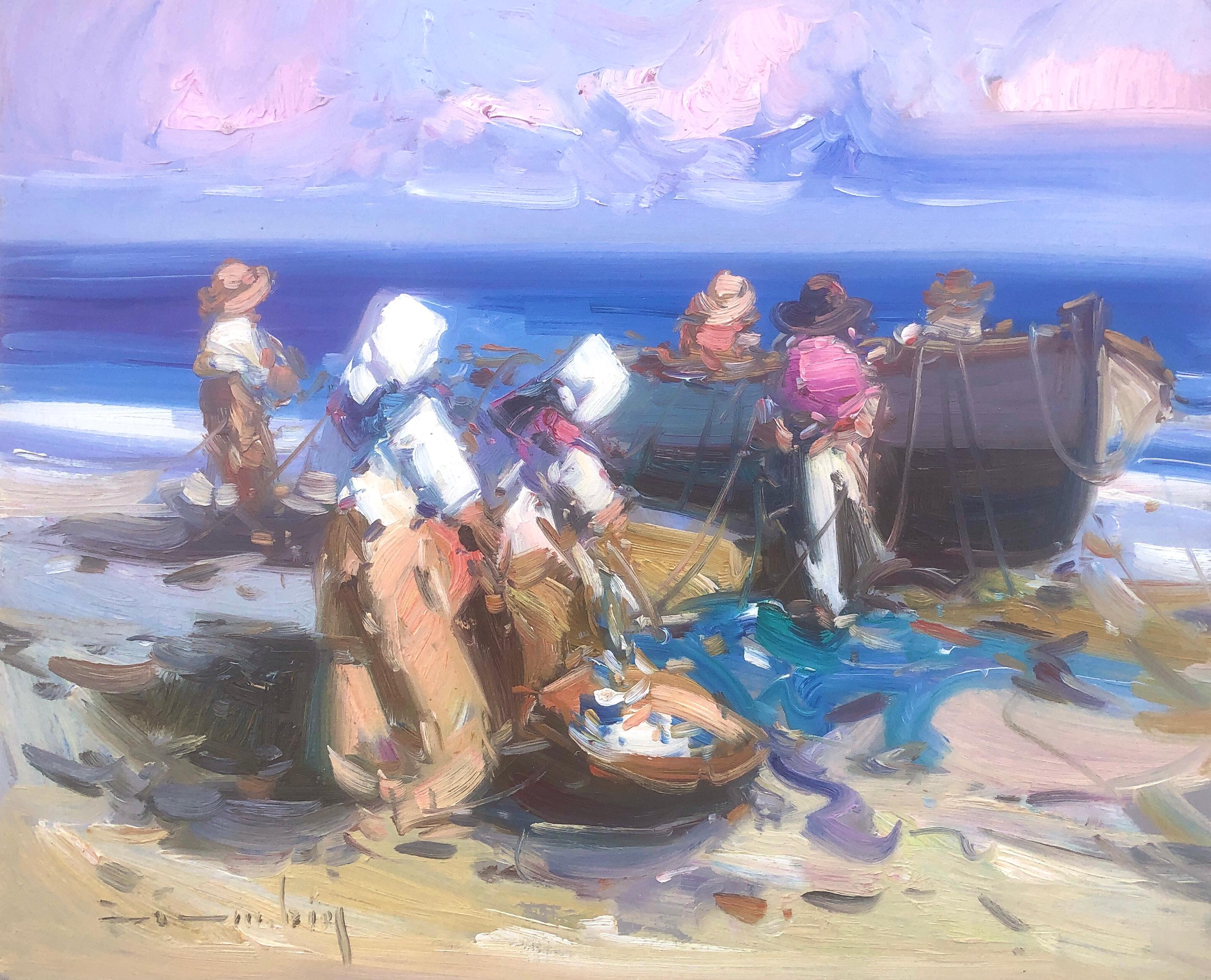 Peinture à l'huile sur panneau - Espagne - pêcheurs espagnols sur la plage