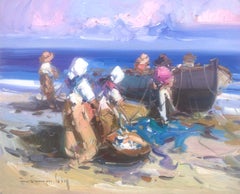 Spanish fishermen on the beach Spain oil on board painting