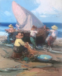 Peinture à l'huile sur panneau - Espagne - pêcheurs espagnols sur la plage