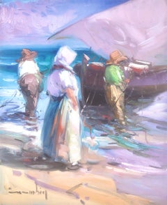 Peinture à l'huile sur panneau - Espagne - pêcheurs espagnols sur la plage