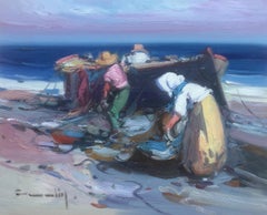 Pescadores españoles en la playa España pintura al óleo sobre tabla