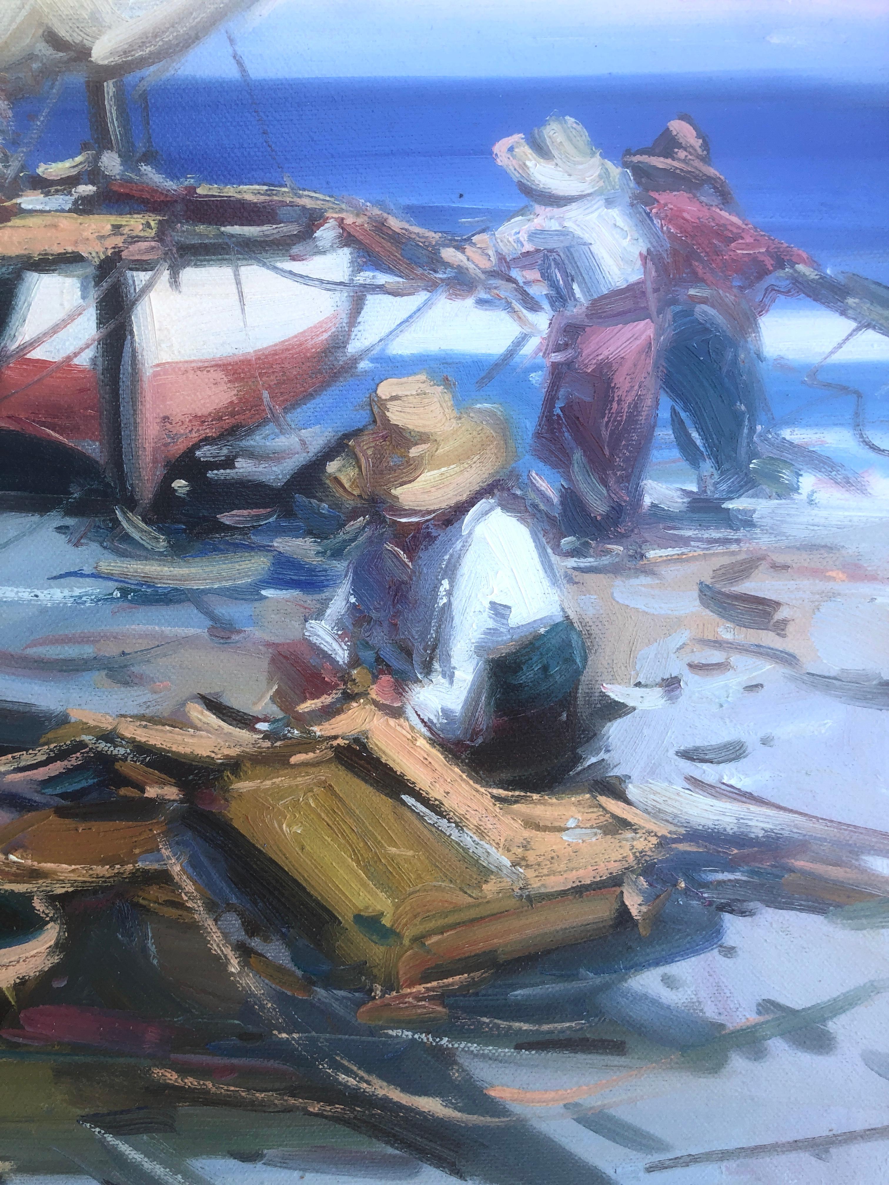 Spanish fishermen on the beach Spain oil on canvas painting - Post-Impressionist Painting by Gabriel Casarrubios