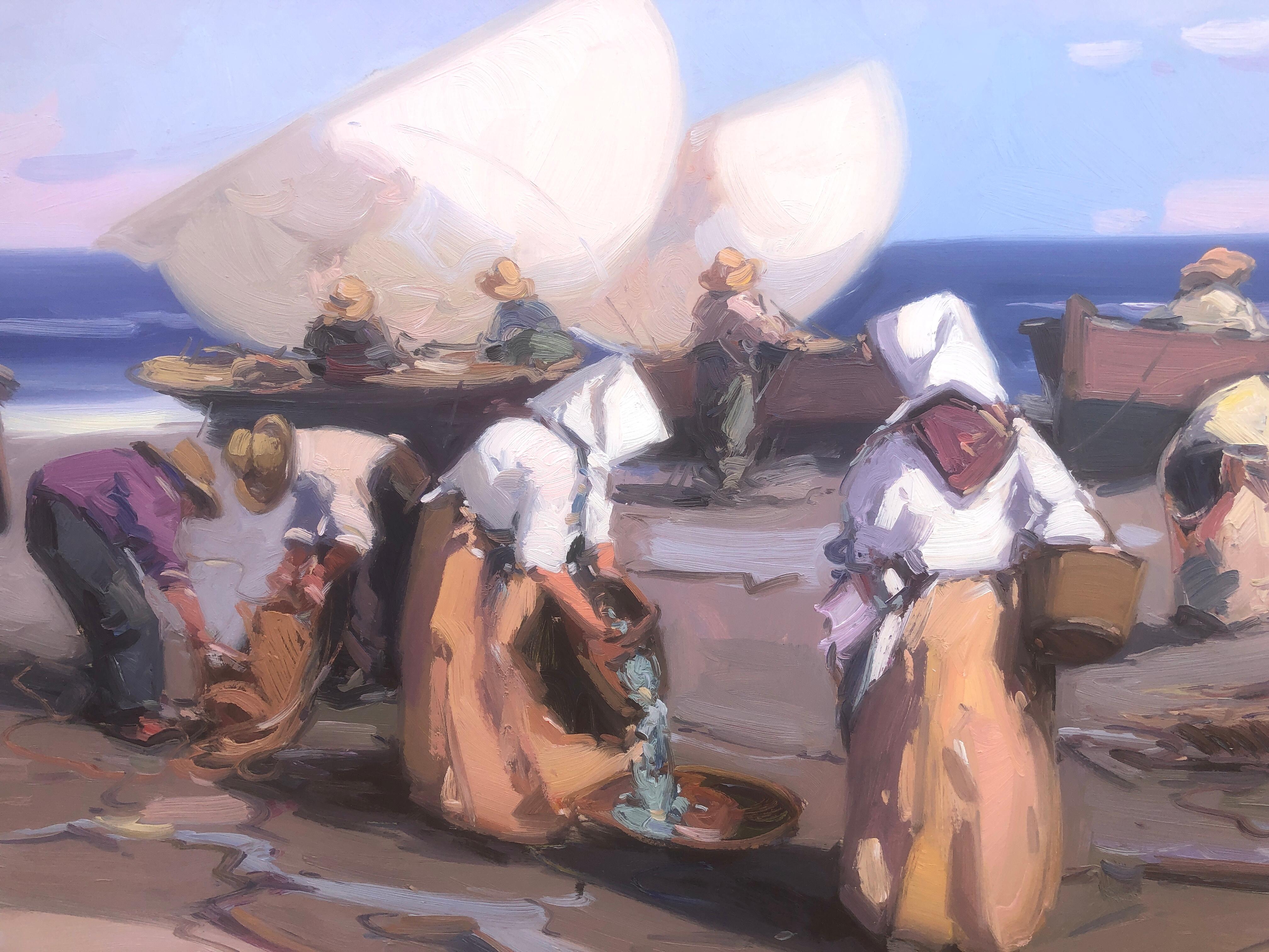 Spanish fishermen on the beach Spain oil on canvas painting For Sale 3