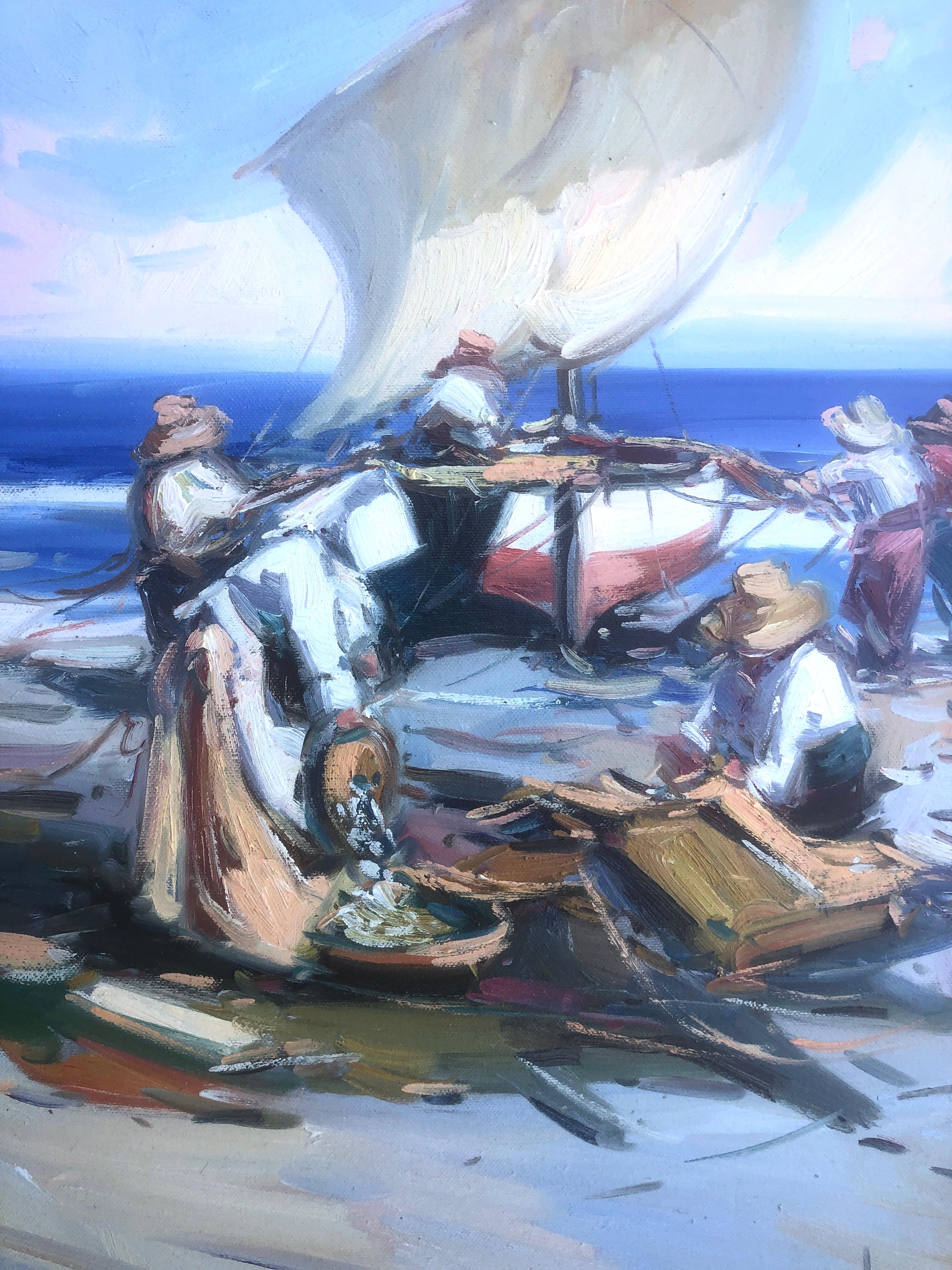 Spanish fishermen on the beach Spain oil on canvas painting 2