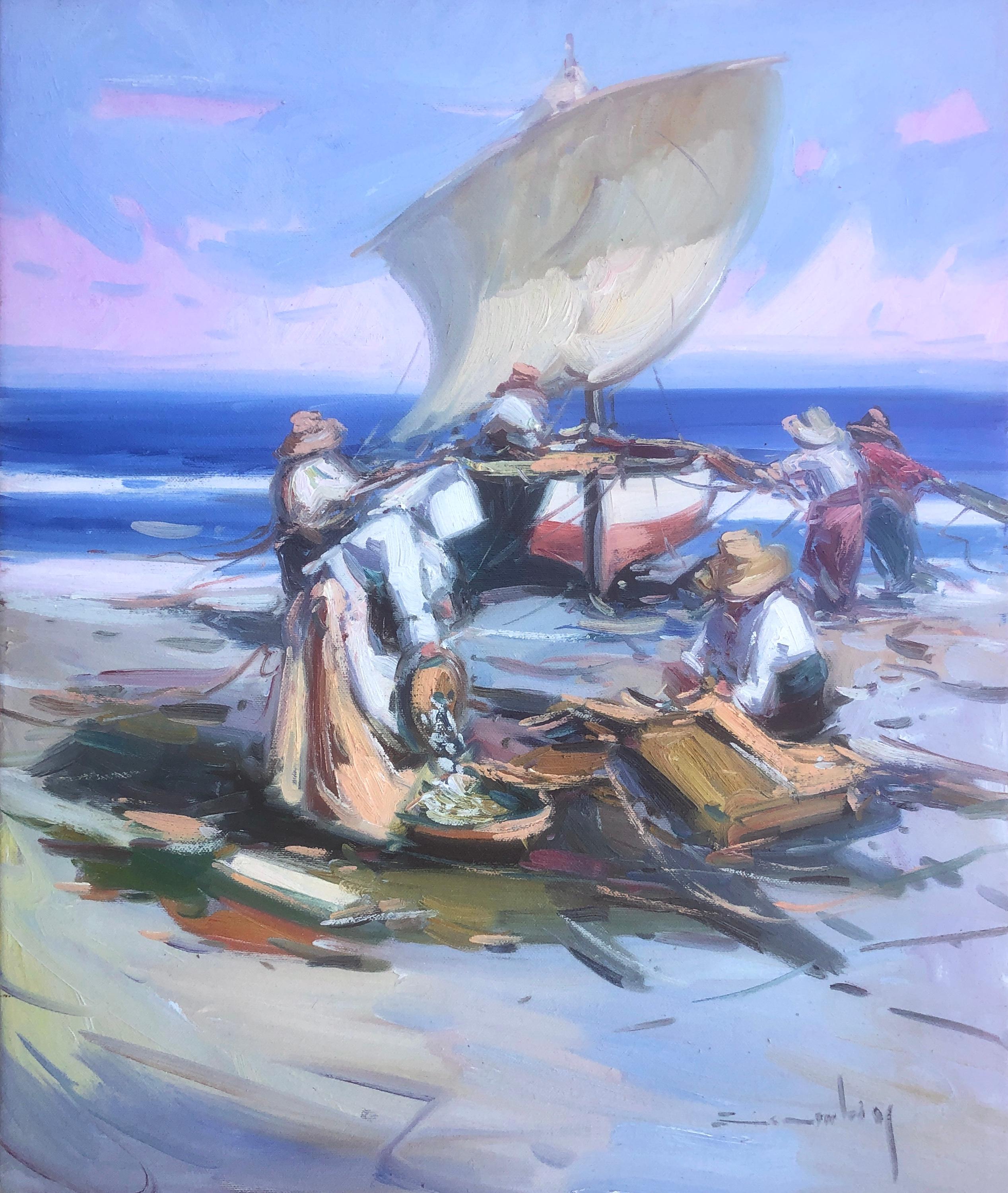 Gabriel Casarrubios Landscape Painting - Spanish fishermen on the beach Spain oil on canvas painting