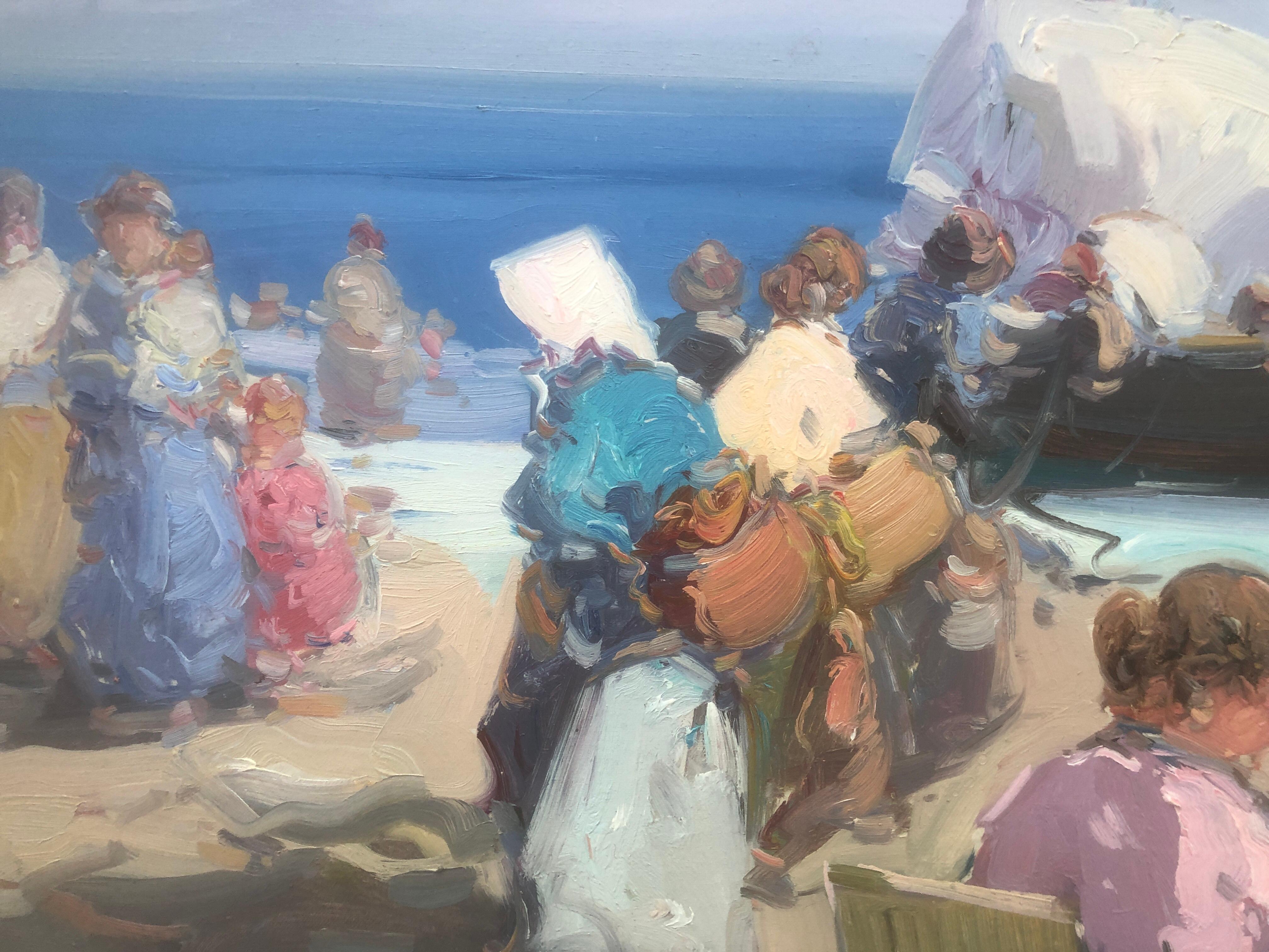 Spanish fishermen on the beach Spain oil on canvas painting mediterranean sea For Sale 1