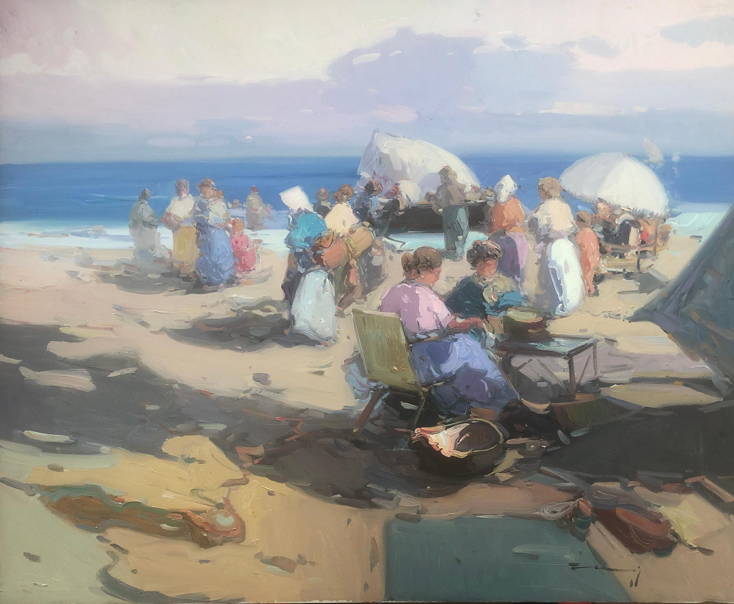 Spanish fishermen on the beach Spain oil on canvas painting mediterranean sea