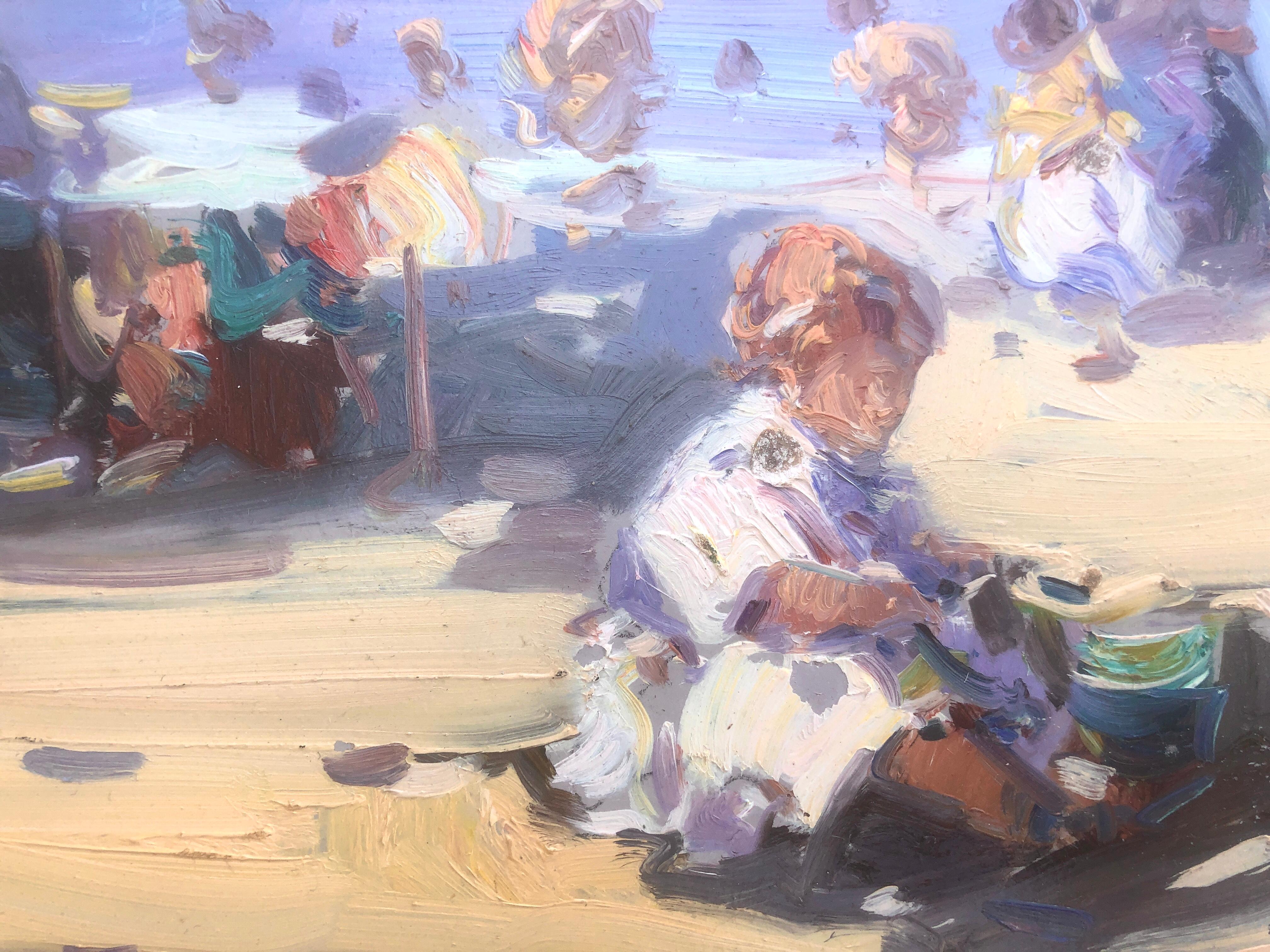 Spanish people on the beach Spain oil on board painting - Post-Impressionist Painting by Gabriel Casarrubios