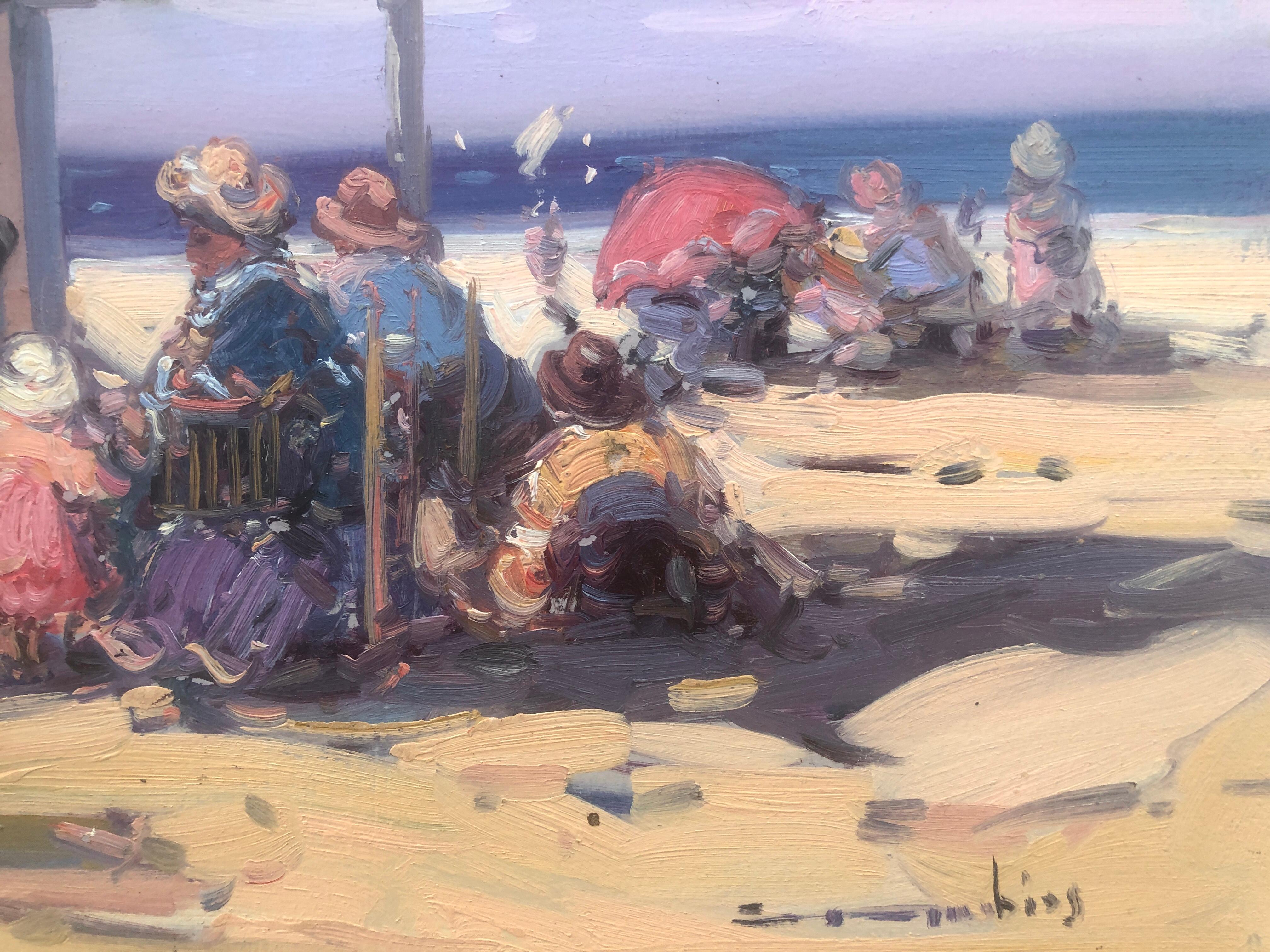 Espagnols sur la plage Espagne huile sur carton peinture - Post-impressionnisme Painting par Gabriel Casarrubios