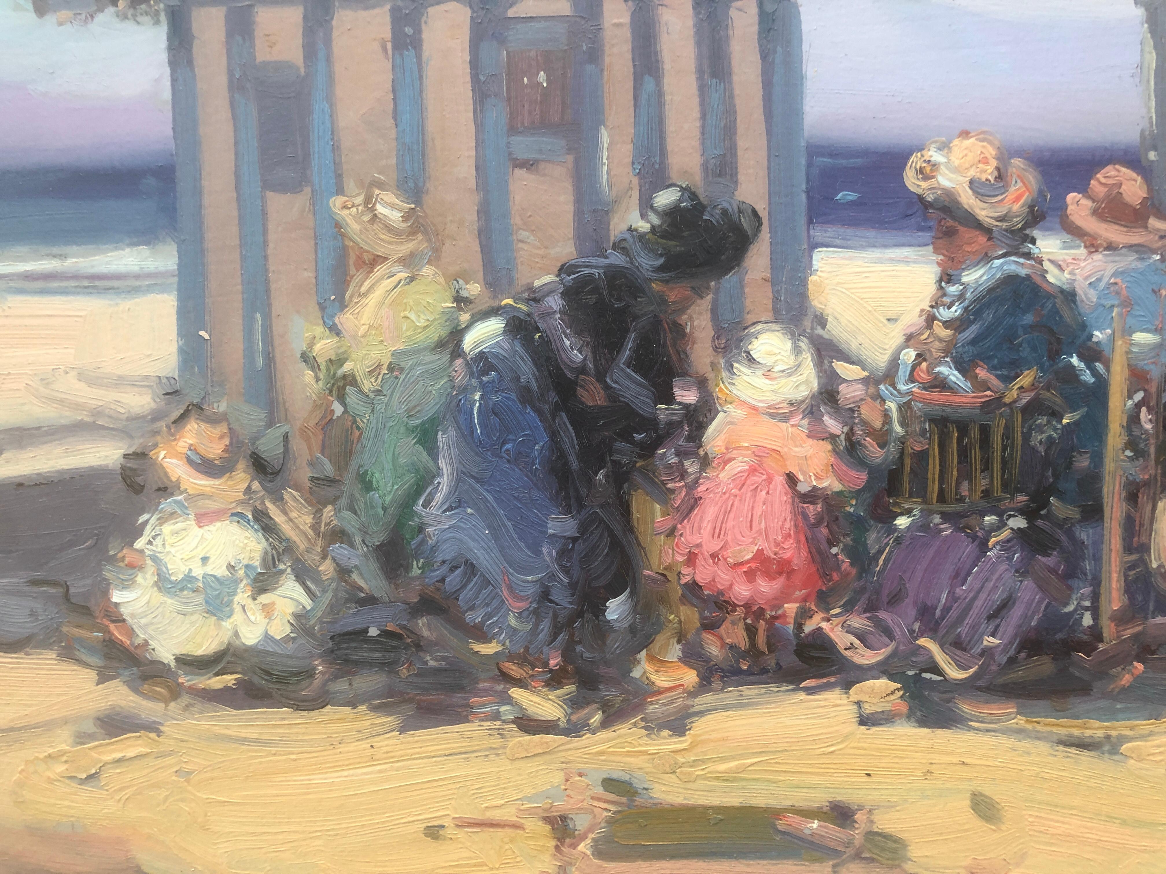 Spanish people on the beach Spain oil on board painting For Sale 1