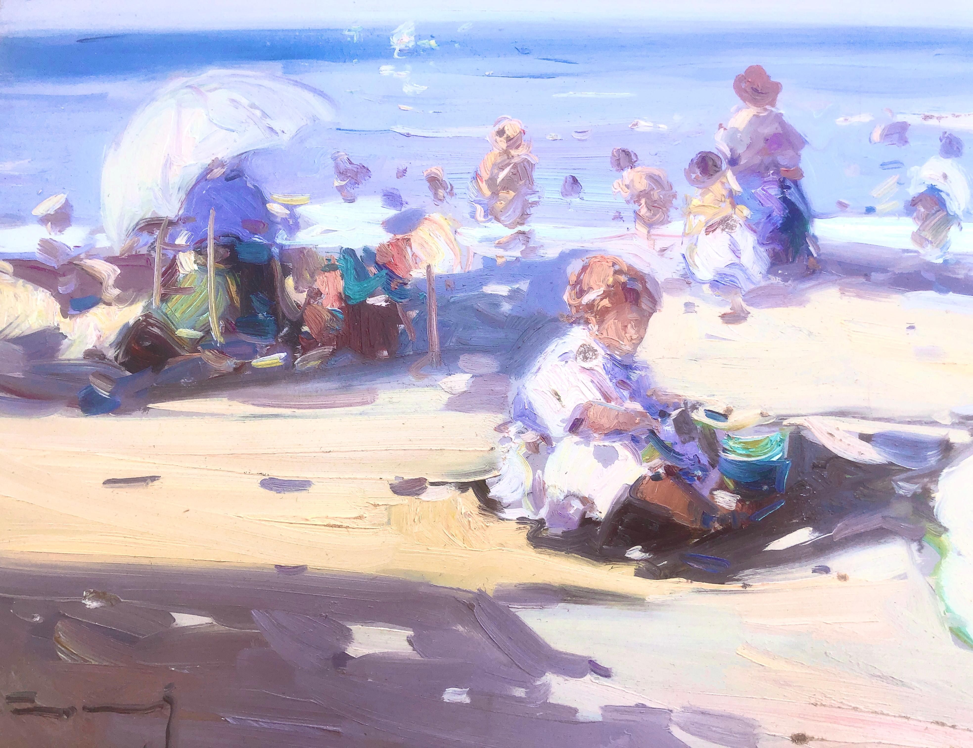 Espagnols sur la plage Espagne huile sur carton peinture en vente 3