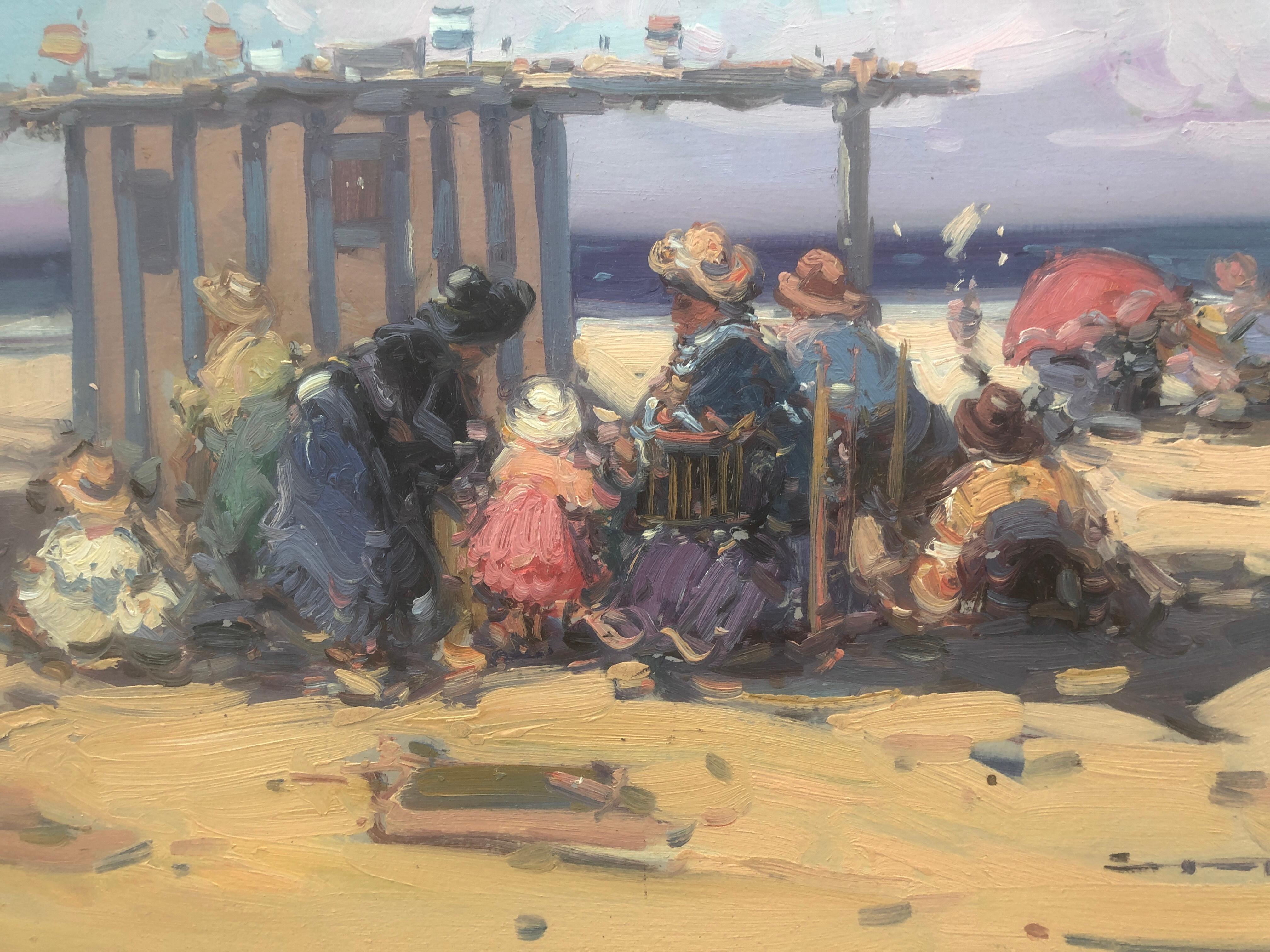 Spanish people on the beach Spain oil on board painting For Sale 3