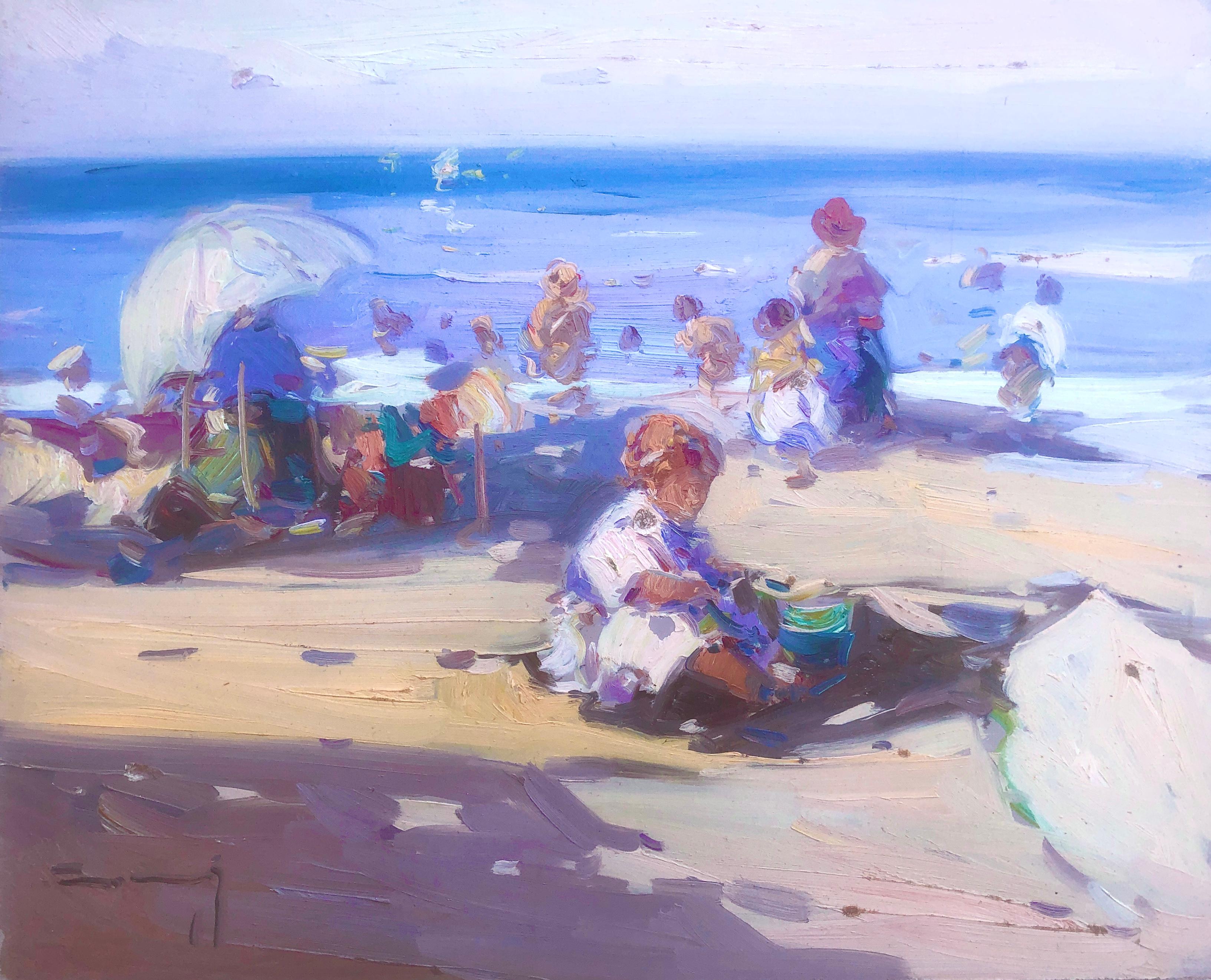 Gabriel Casarrubios Landscape Painting - Spanish people on the beach Spain oil on board painting