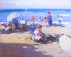 Spanish people on the beach Spain oil on board painting
