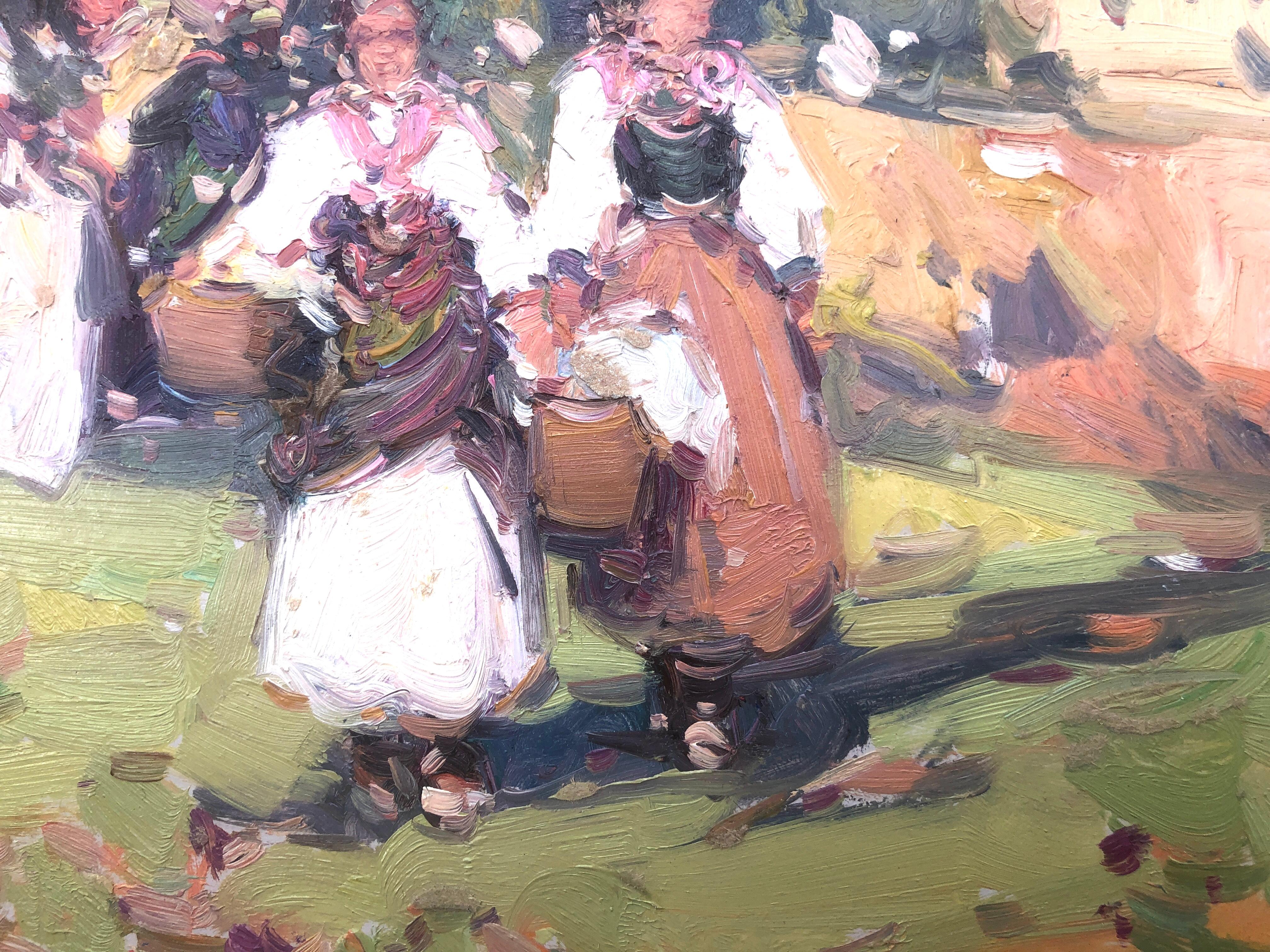 Women of Ibiza Spain oil on board painting - Post-Impressionist Painting by Gabriel Casarrubios