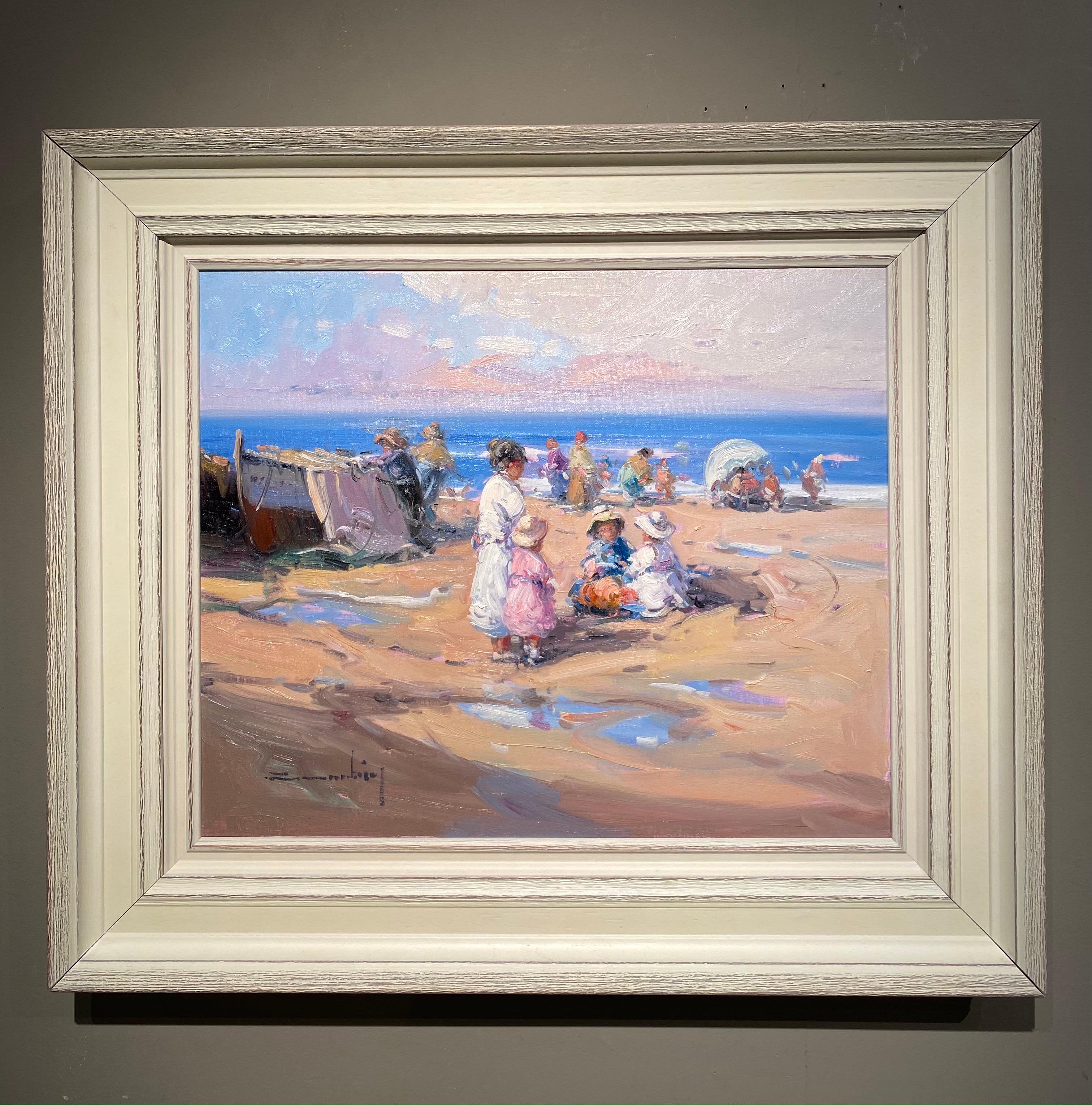 'A Moment in Time' Contemporary Beach Landscape Painting with Figures, children