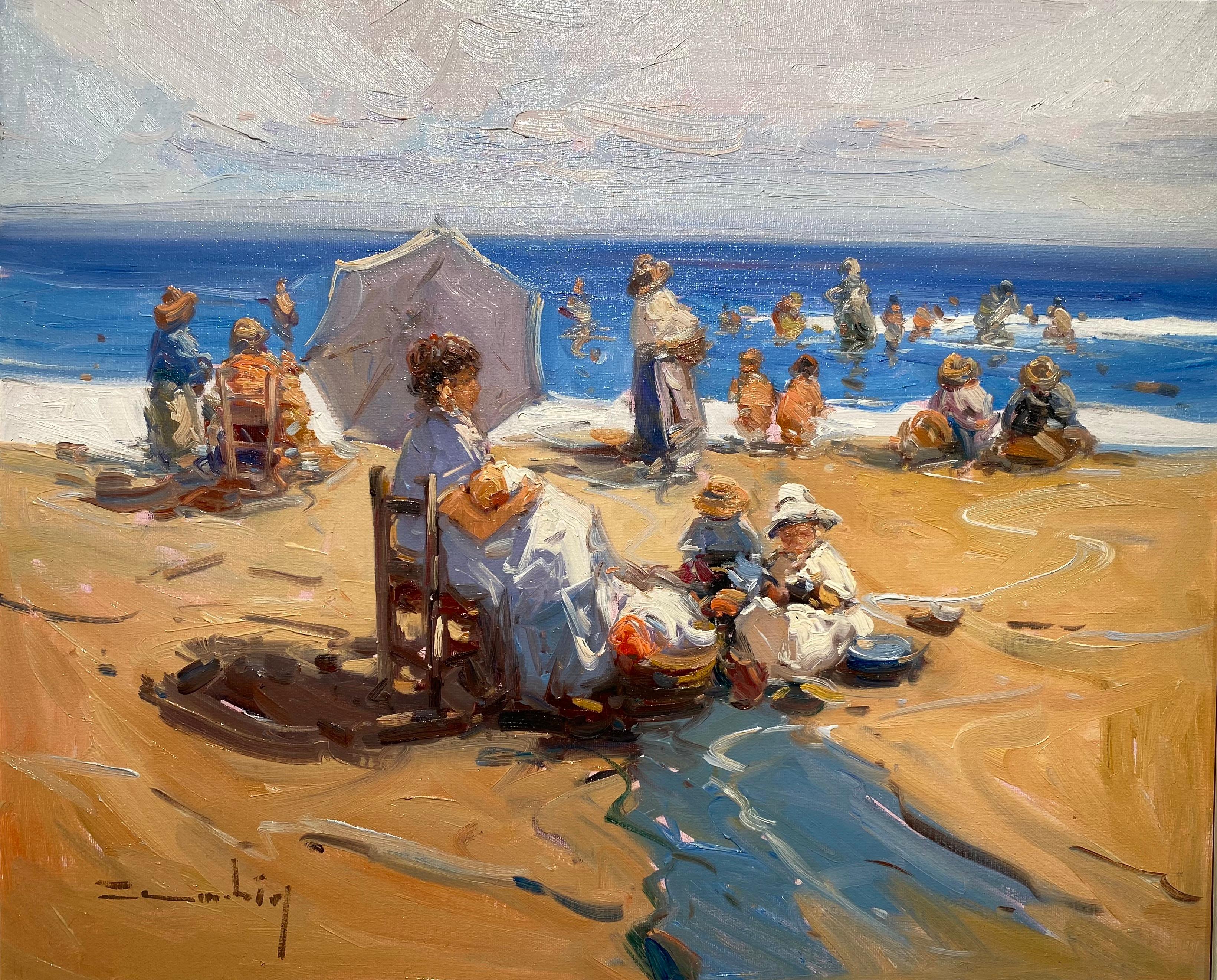 'Creating Memories' Contemporary Impressionist beach landscape of figures, sea - Painting by Gabriel Casarrubios