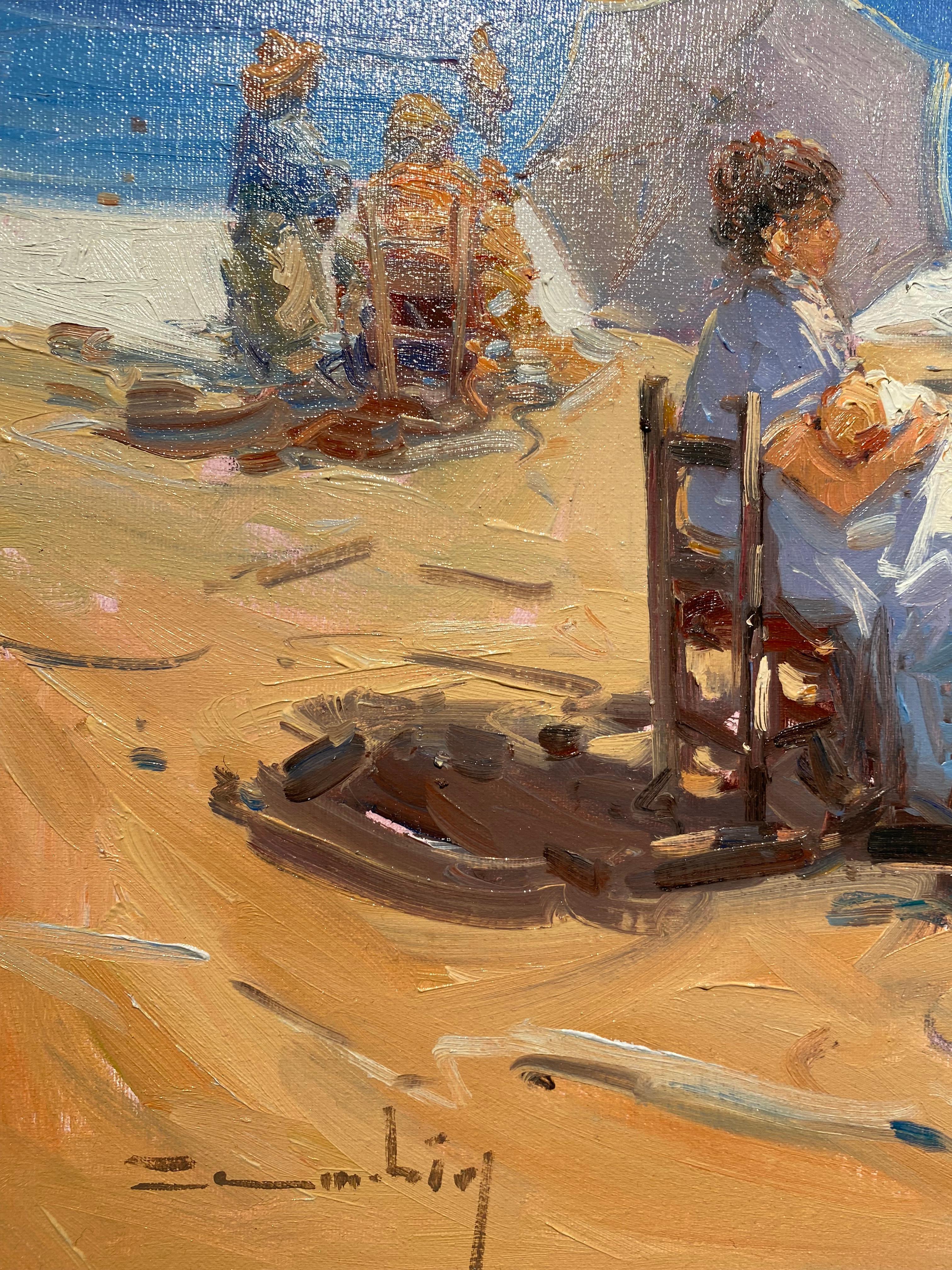 « Créer des souvenirs » - Paysage de plage impressionniste contemporain de personnages, mer - Impressionnisme Painting par Gabriel Casarrubios
