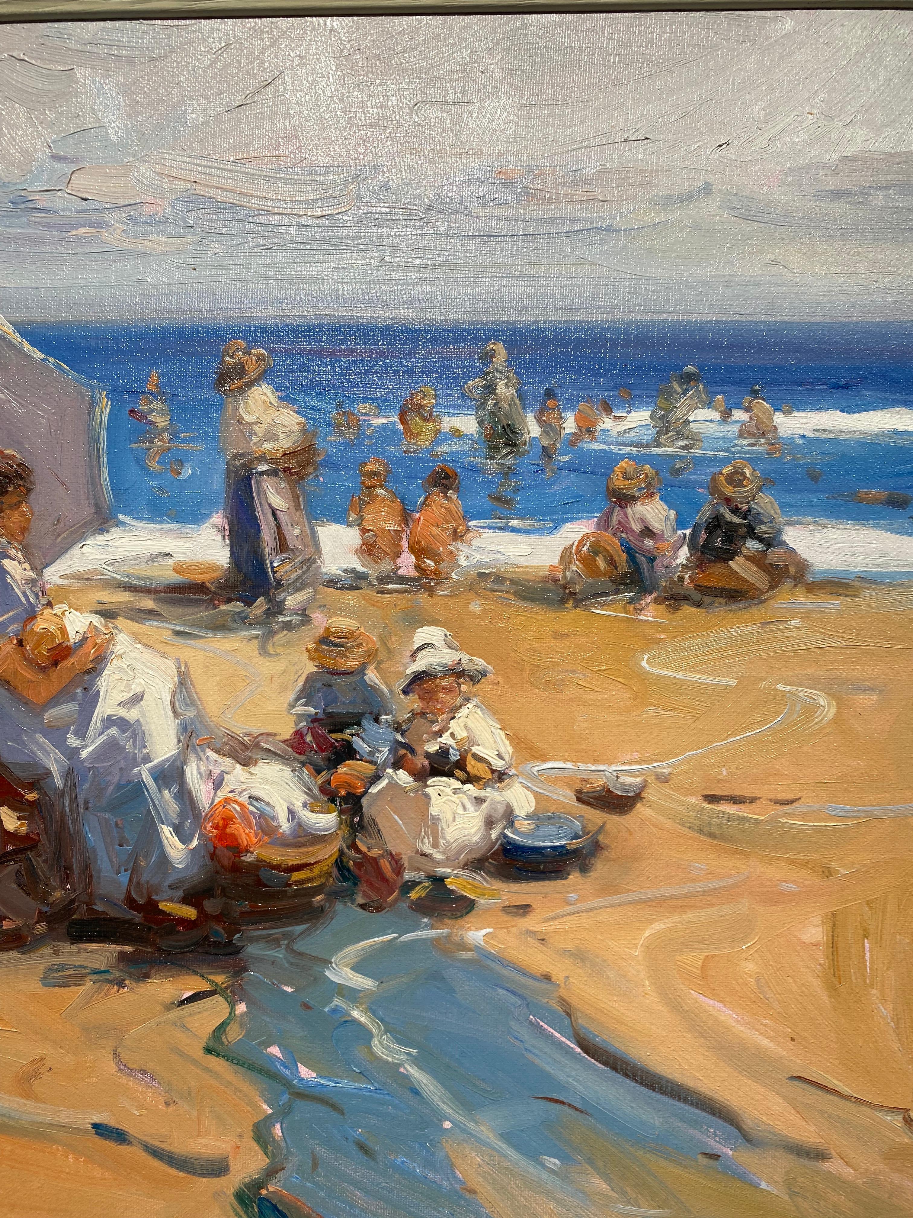 « Créer des souvenirs » - Paysage de plage impressionniste contemporain de personnages, mer - Marron Figurative Painting par Gabriel Casarrubios