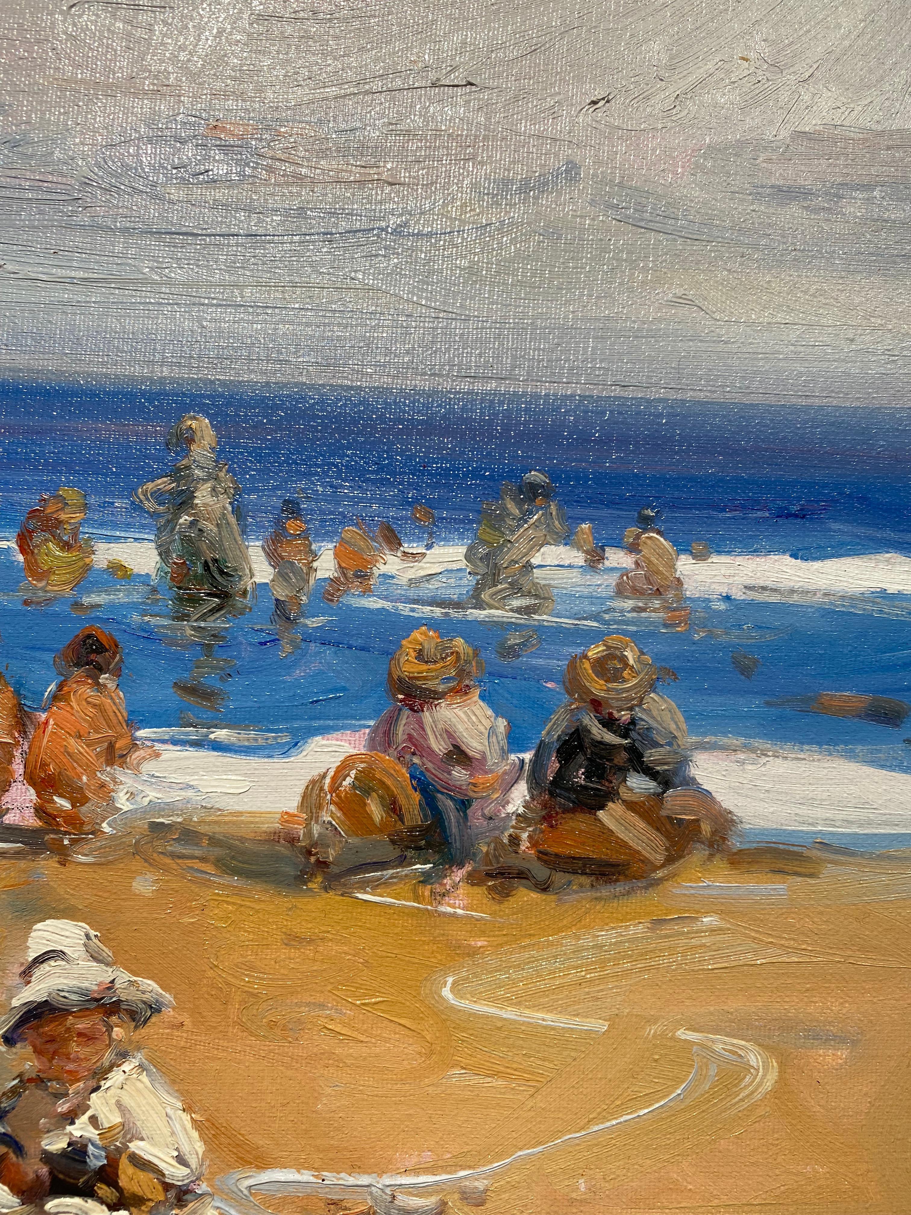 'Creating Memories' Contemporary Impressionist beach landscape of figures, sea - Brown Figurative Painting by Gabriel Casarrubios