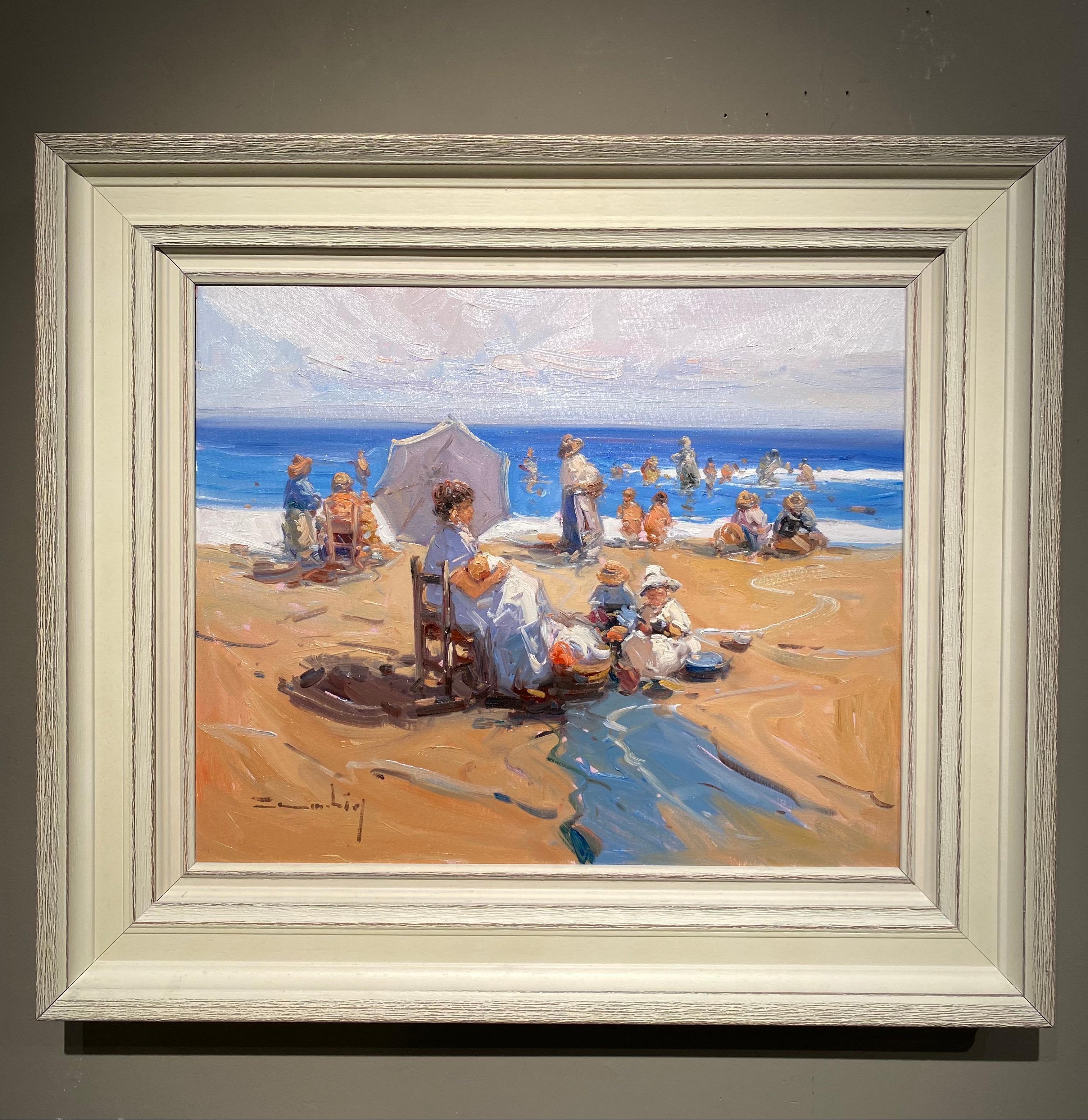 'Creating Memories' Contemporary Impressionist beach landscape of figures, sea
