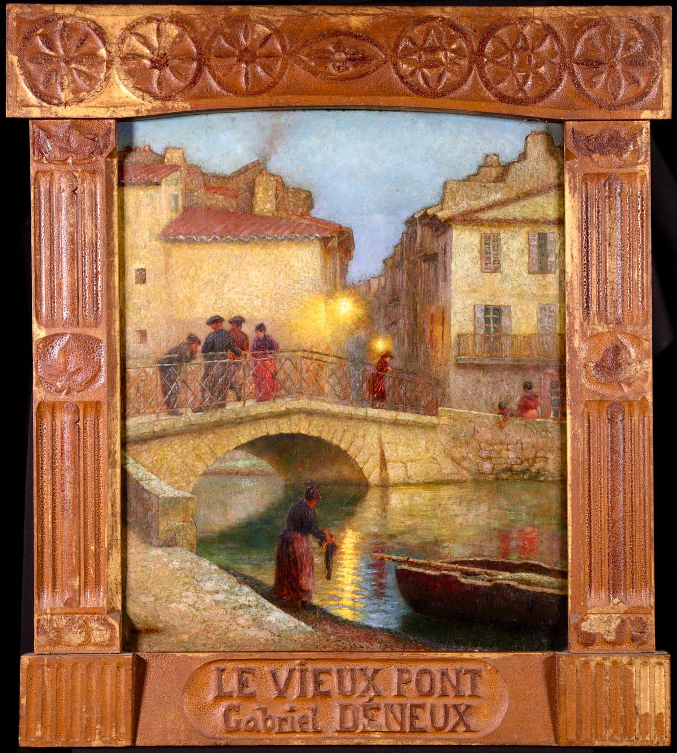 Le Vieux Pont - Crepescule, Martigues - Figures in River Landscape by G C Deneux - Painting by Gabriel Charles Deneux