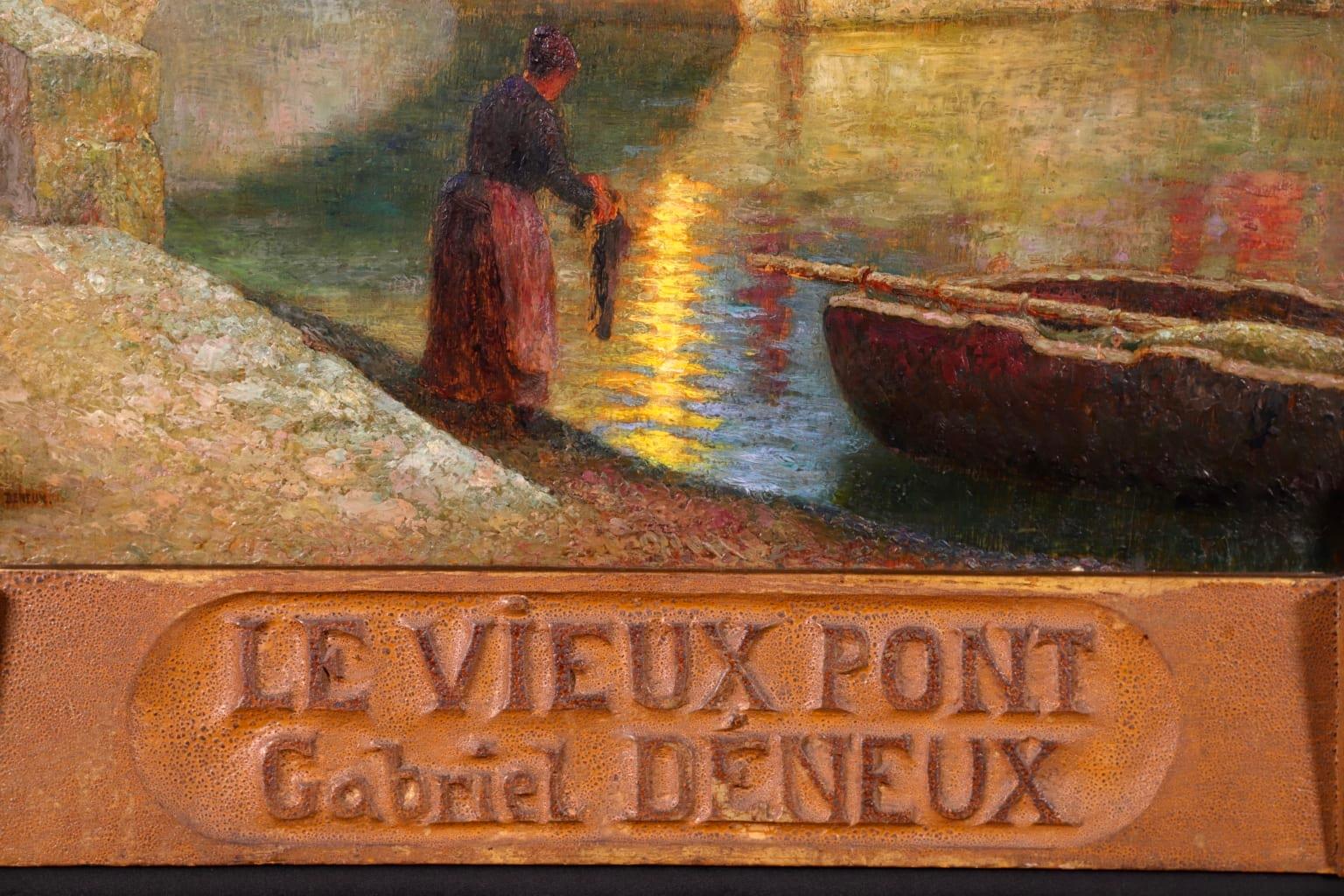 Le Vieux Pont - Crepescule, Martigues - Figures in River Landscape by G C Deneux - Brown Landscape Painting by Gabriel Charles Deneux