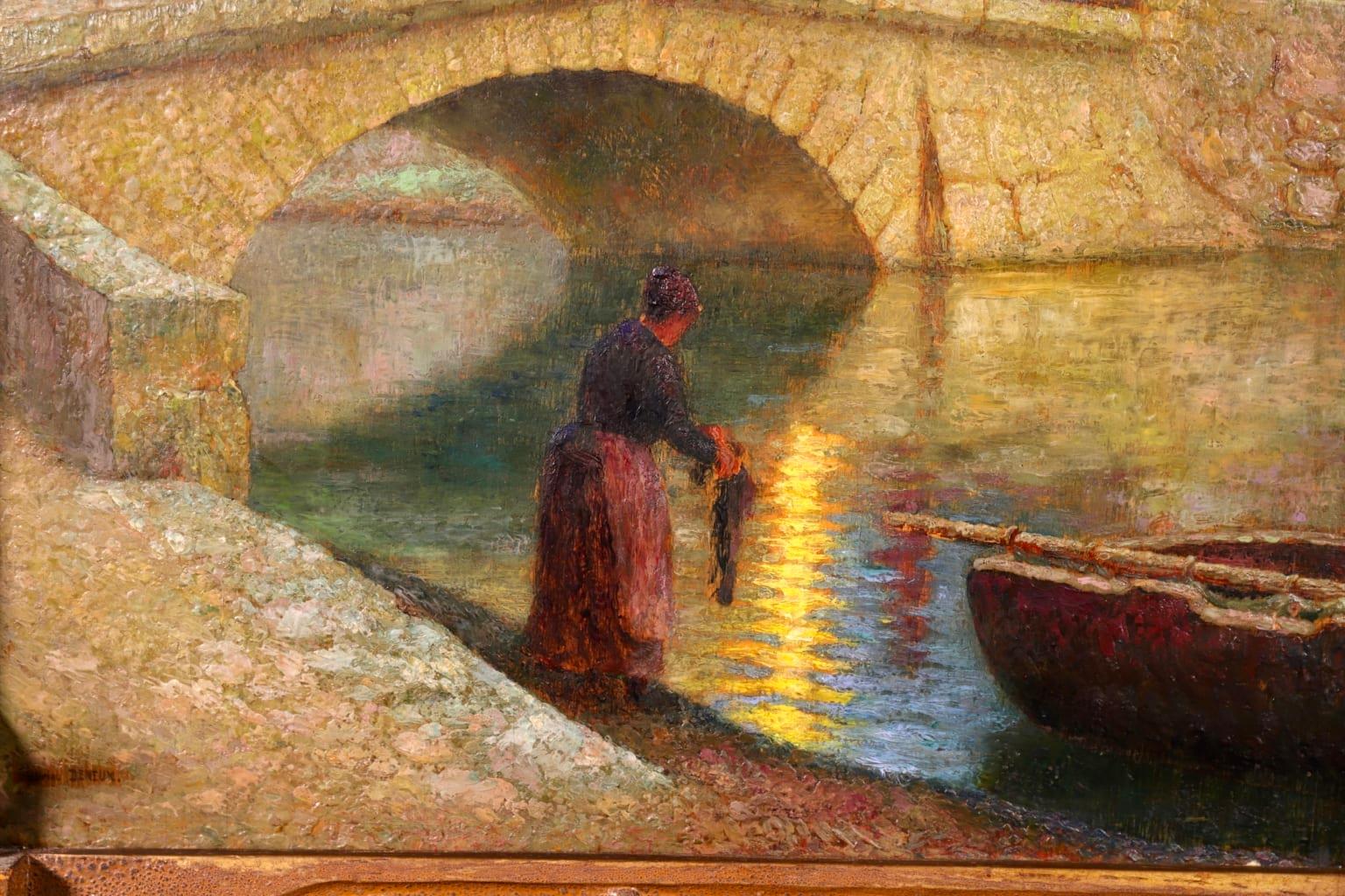 Le Vieux Pont - Crepescule, Martigues - Figures in River Landscape by G C Deneux 1