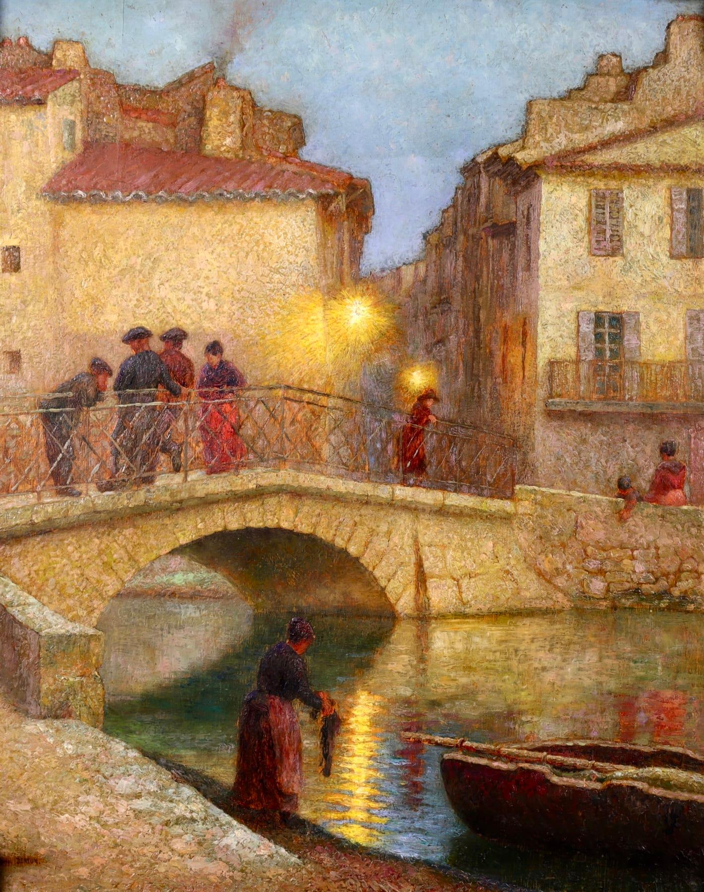Gabriel Charles Deneux Landscape Painting - Le Vieux Pont - Crepescule, Martigues - Figures in River Landscape by G C Deneux