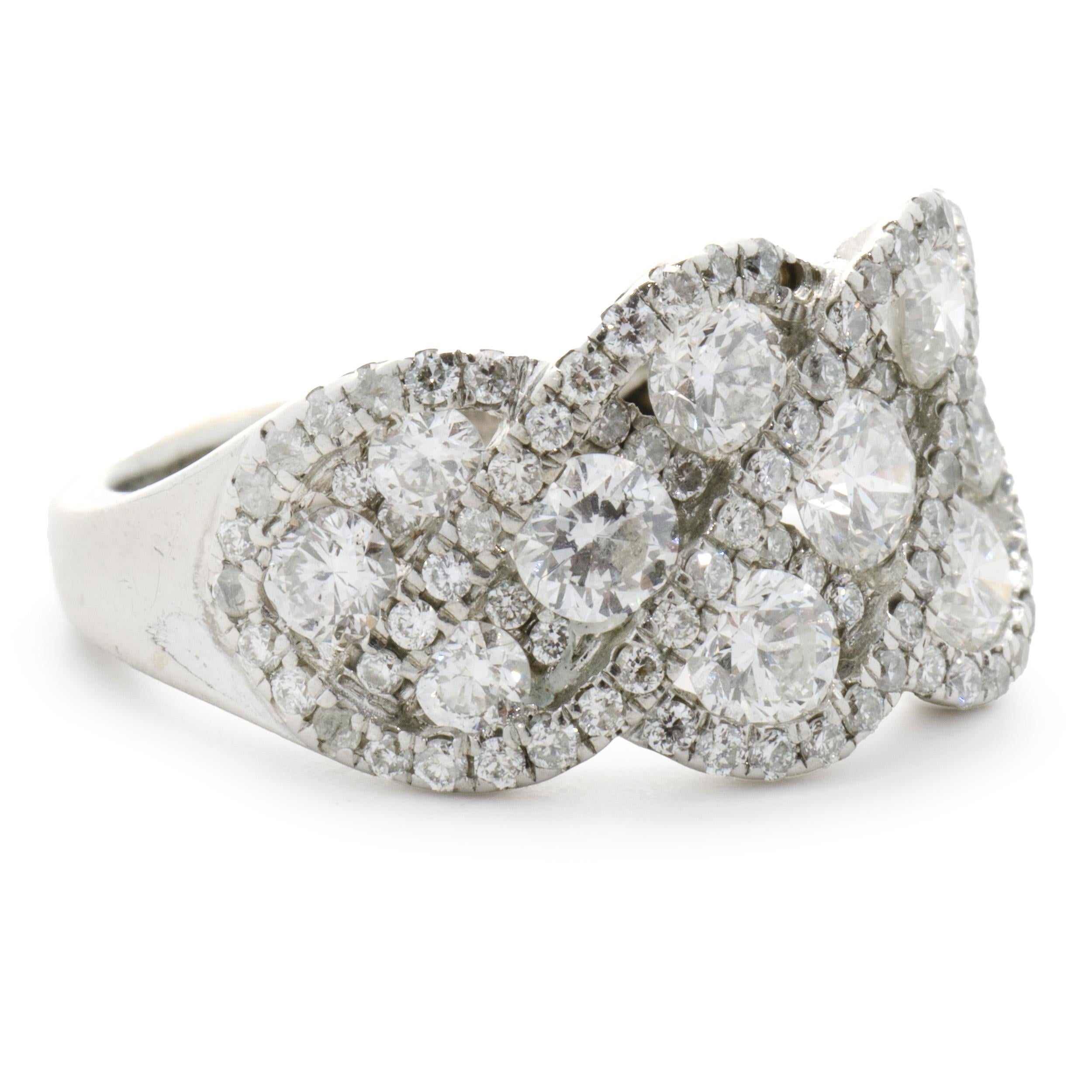 Designer: Gabriel & Co.
Material: 14K white gold
Diamond: 100 round brilliant cut = 1.86cttw
Color: I
Clarity: SI2
Dimensions: ring top measures 10.5mm wide
Weight: 4.57 grams
Size: 5 (complimentary sizing available)