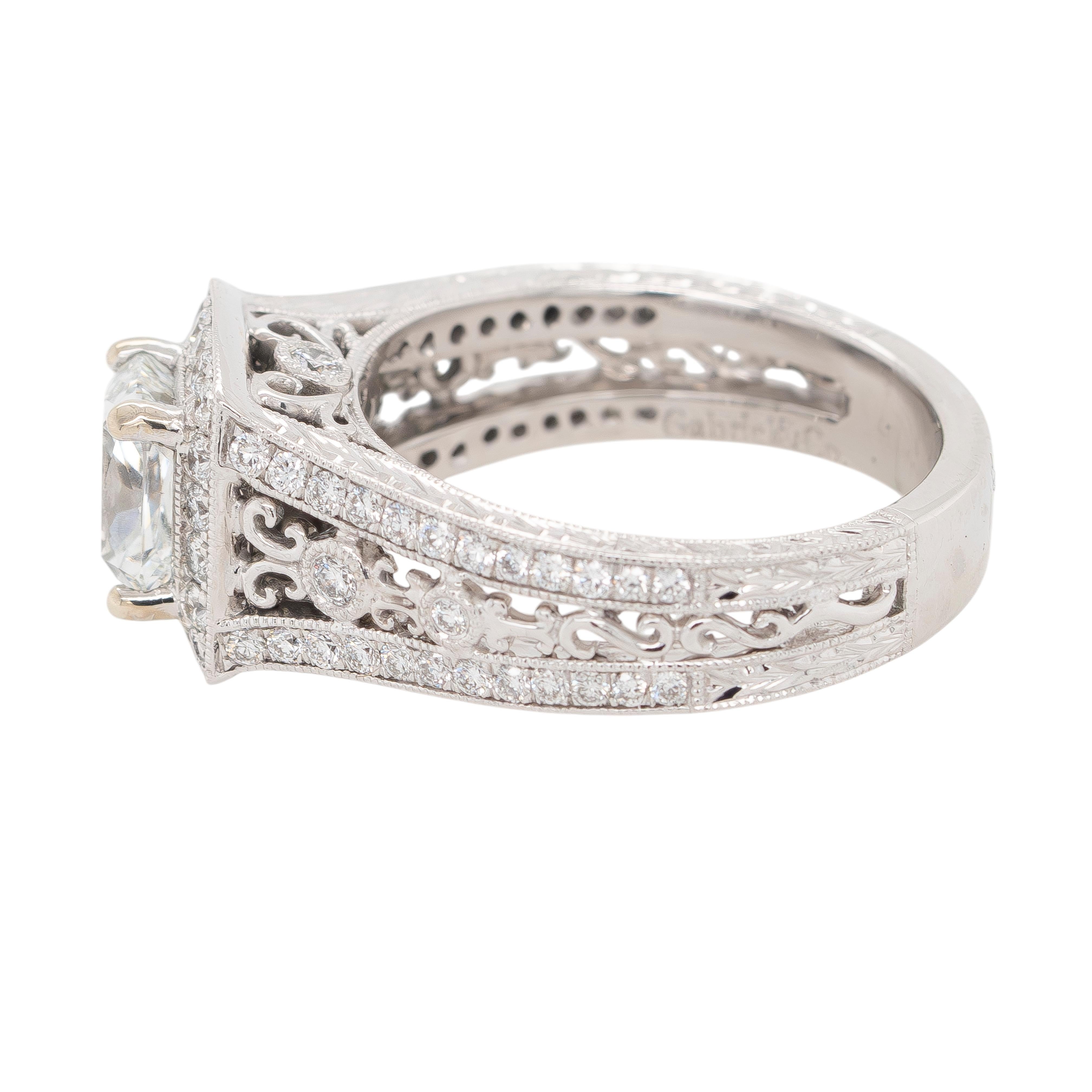 Cushion Cut Gabriel & Co. 14k White Gold 1.21ct Cushion-Cut Diamond Engagement Ring For Sale