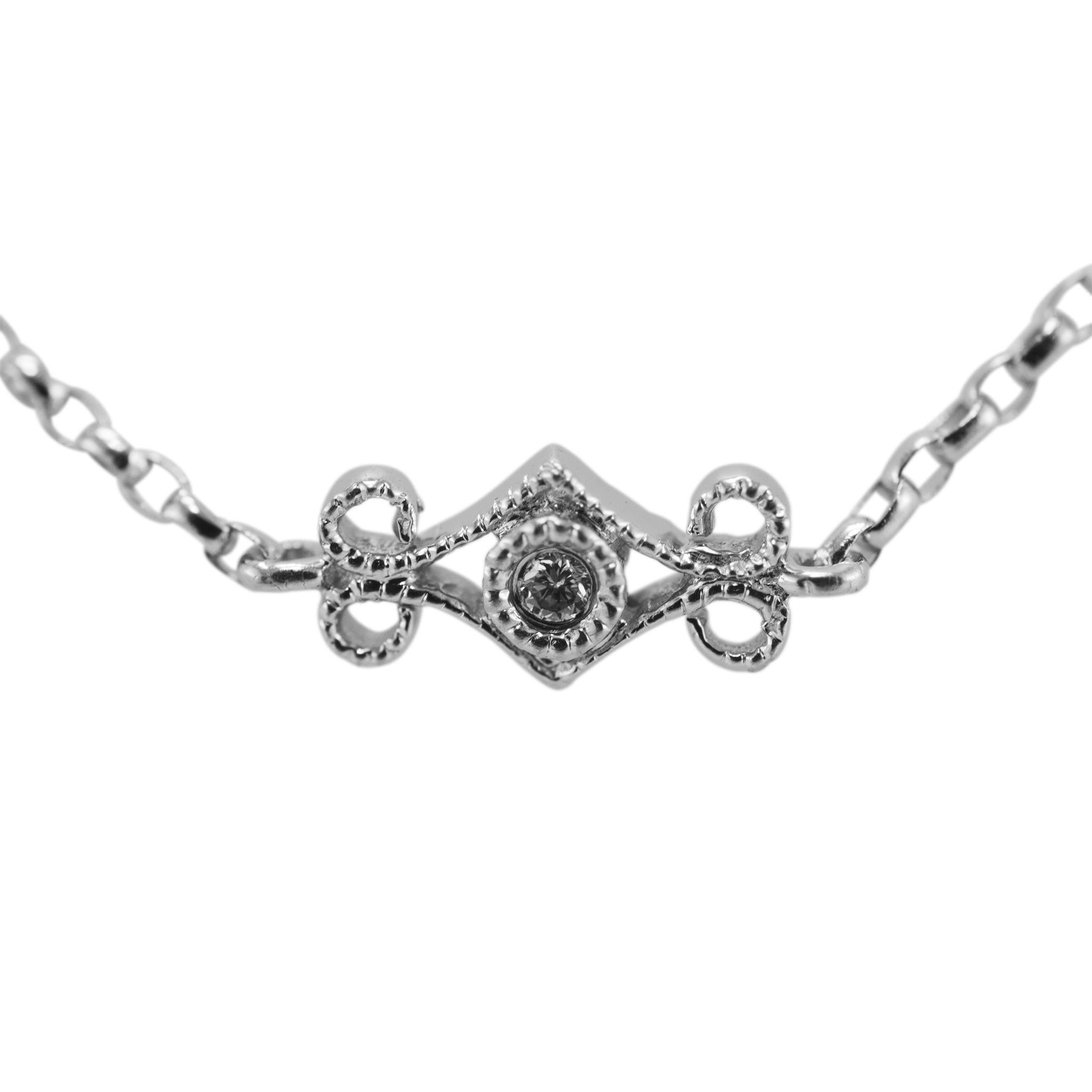Brand: Gabriel & Co.

Gender: Ladies

Metal Type: 14K White Gold

Length: 19.50 inches

Width: 3.95 mm tapering to 1.00 mm

Weight: 4.61 grams

One ladies designer made textured & polished 14K white gold single strand diamond classic-style station