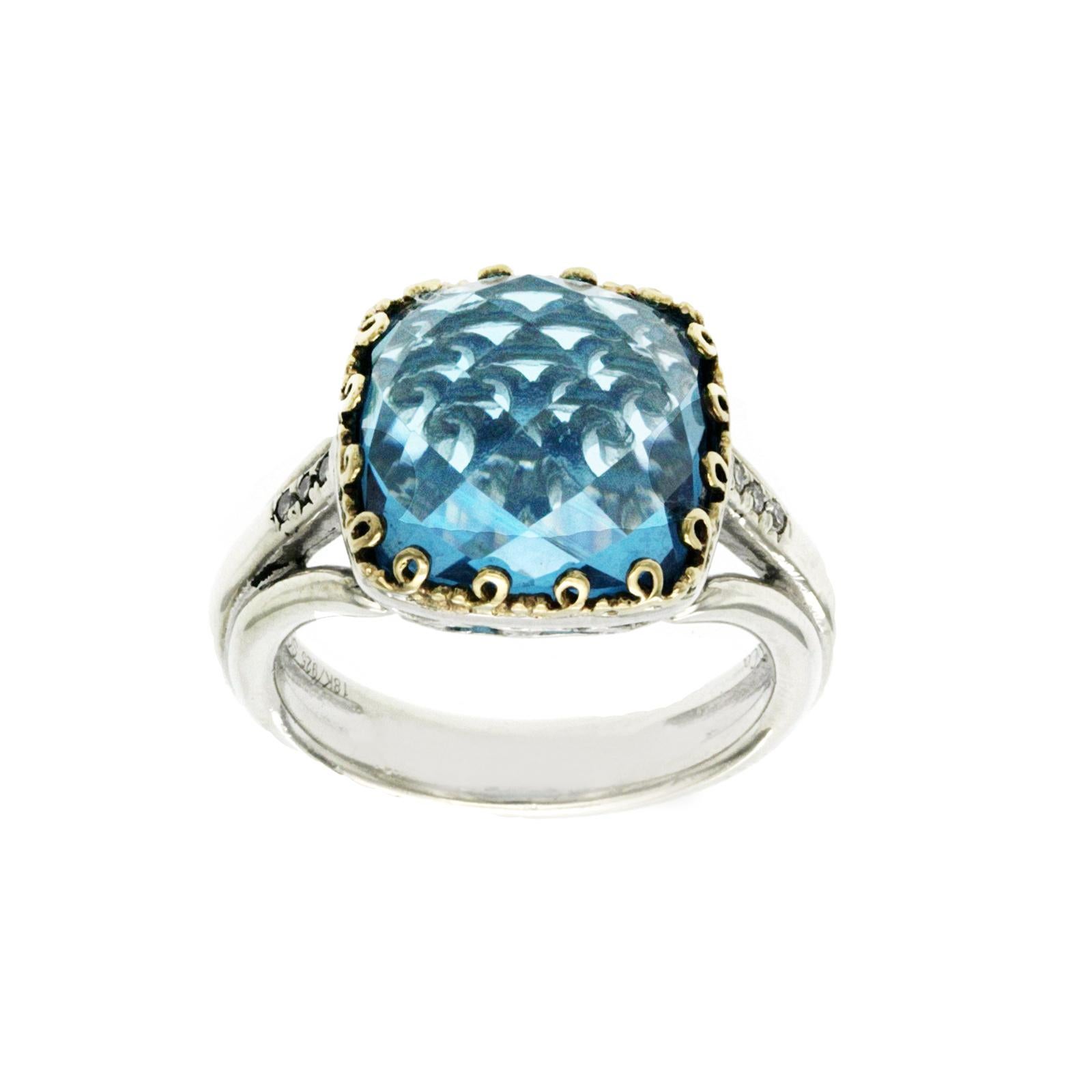 100% Authentic, 100% Customer Satisfaction
Top: 13 mm
Band Width: 4 mm
Metal: 925 Sterling Silver and 18K
Size: 7
Hallmarks: Gabriel & Co  925 18K
Total Weight: 12.9 Grams
Stone:  0.02 CT Diamonds  Color: L - M  Clarity: SI - I and Blue