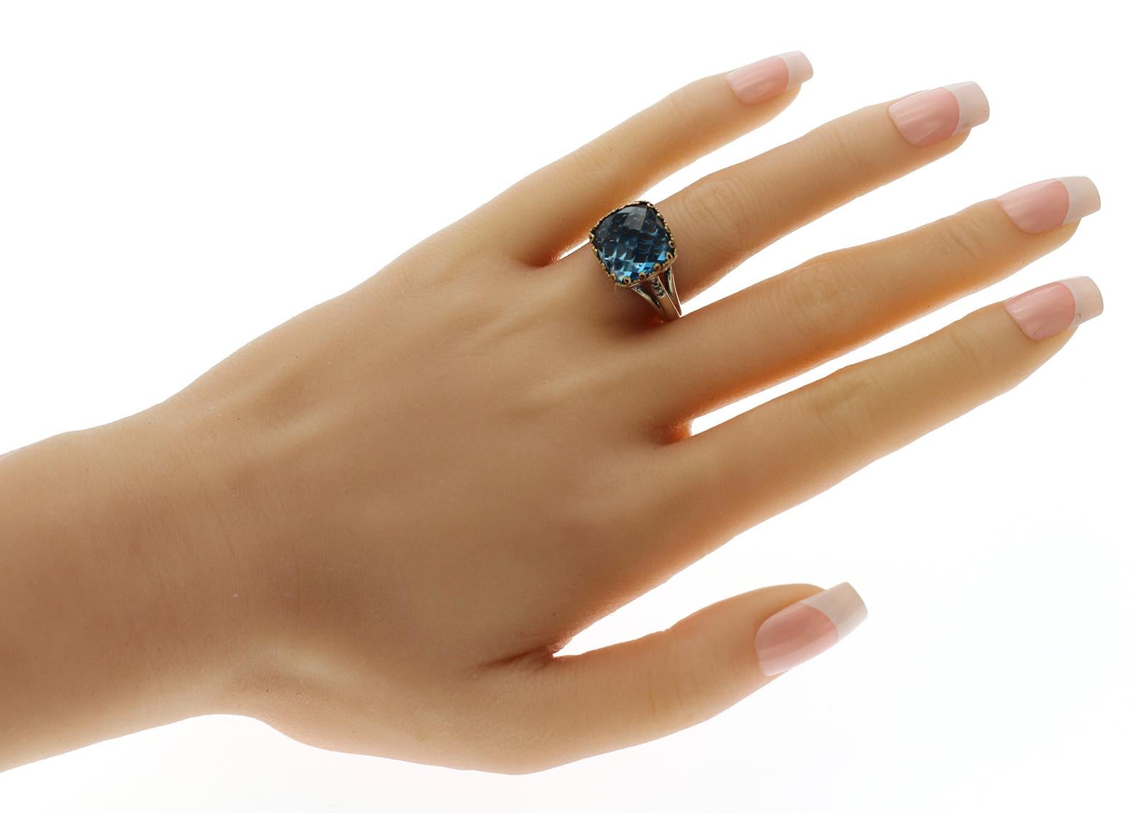 Gabriel & Co 925 Sterling Silver and 18k Gold Blue Topaz Diamond Ring Size 7 In Excellent Condition For Sale In Los Angeles, CA
