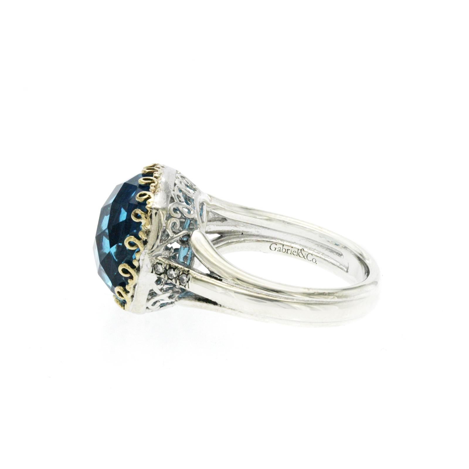 Women's or Men's Gabriel & Co 925 Sterling Silver and 18k Gold Blue Topaz Diamond Ring Size 7 For Sale