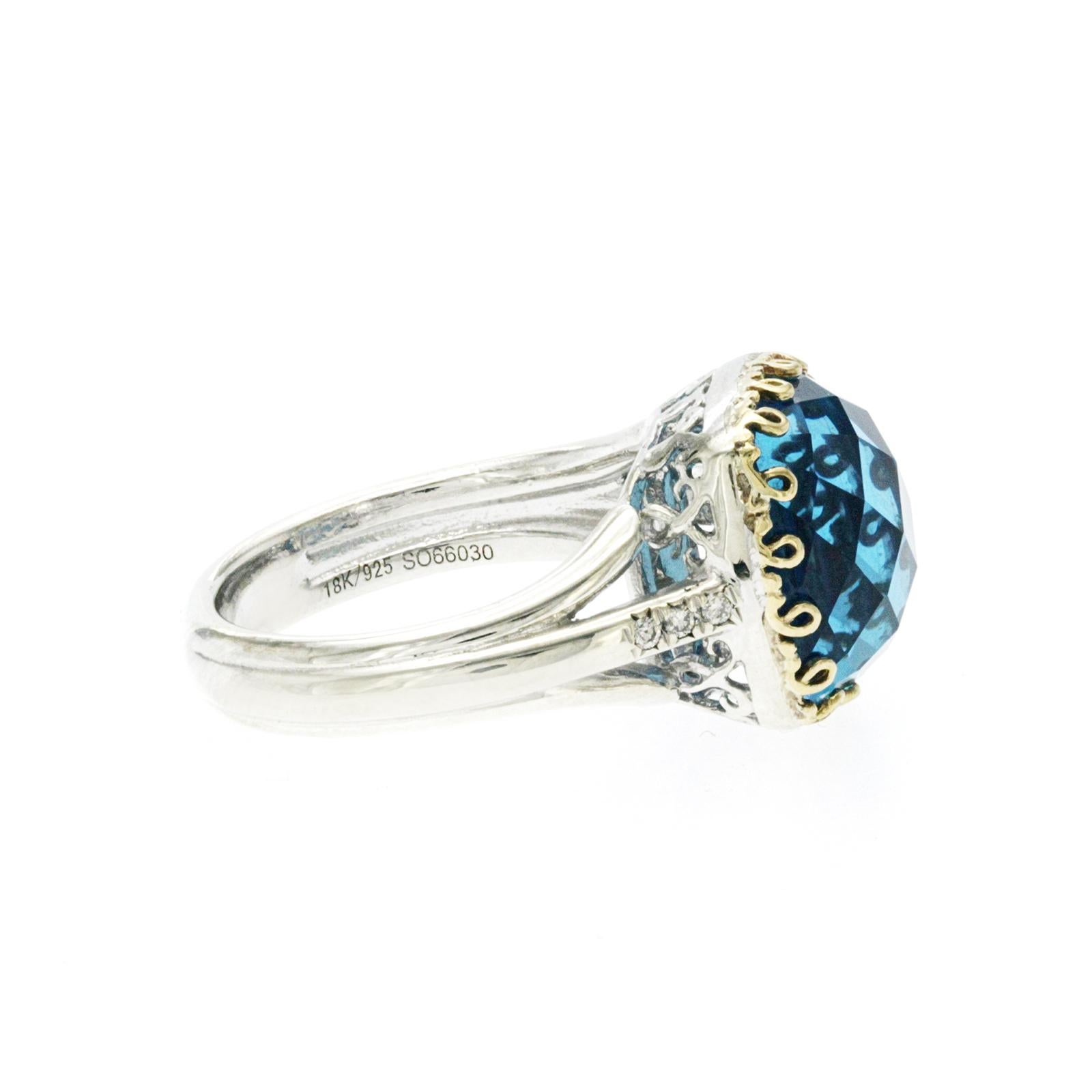 Gabriel & Co 925 Sterling Silver and 18k Gold Blue Topaz Diamond Ring Size 7 For Sale 1