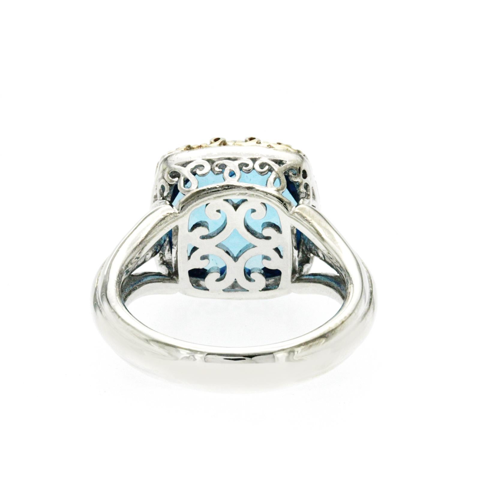 Gabriel & Co 925 Sterling Silver and 18k Gold Blue Topaz Diamond Ring Size 7 For Sale 2