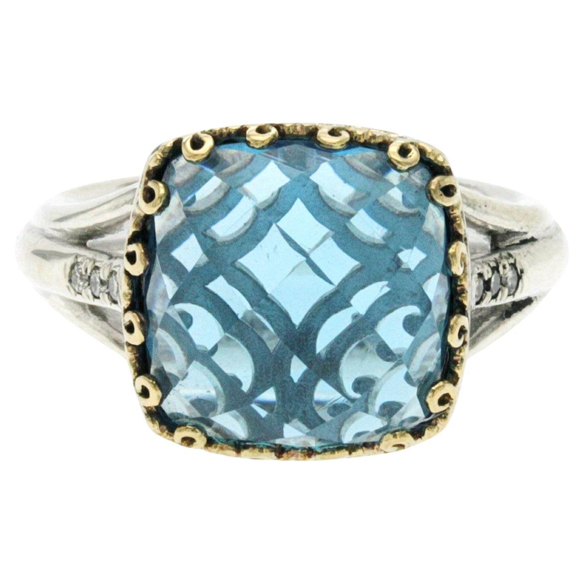 Gabriel & Co 925 Sterling Silver and 18k Gold Blue Topaz Diamond Ring Size 7