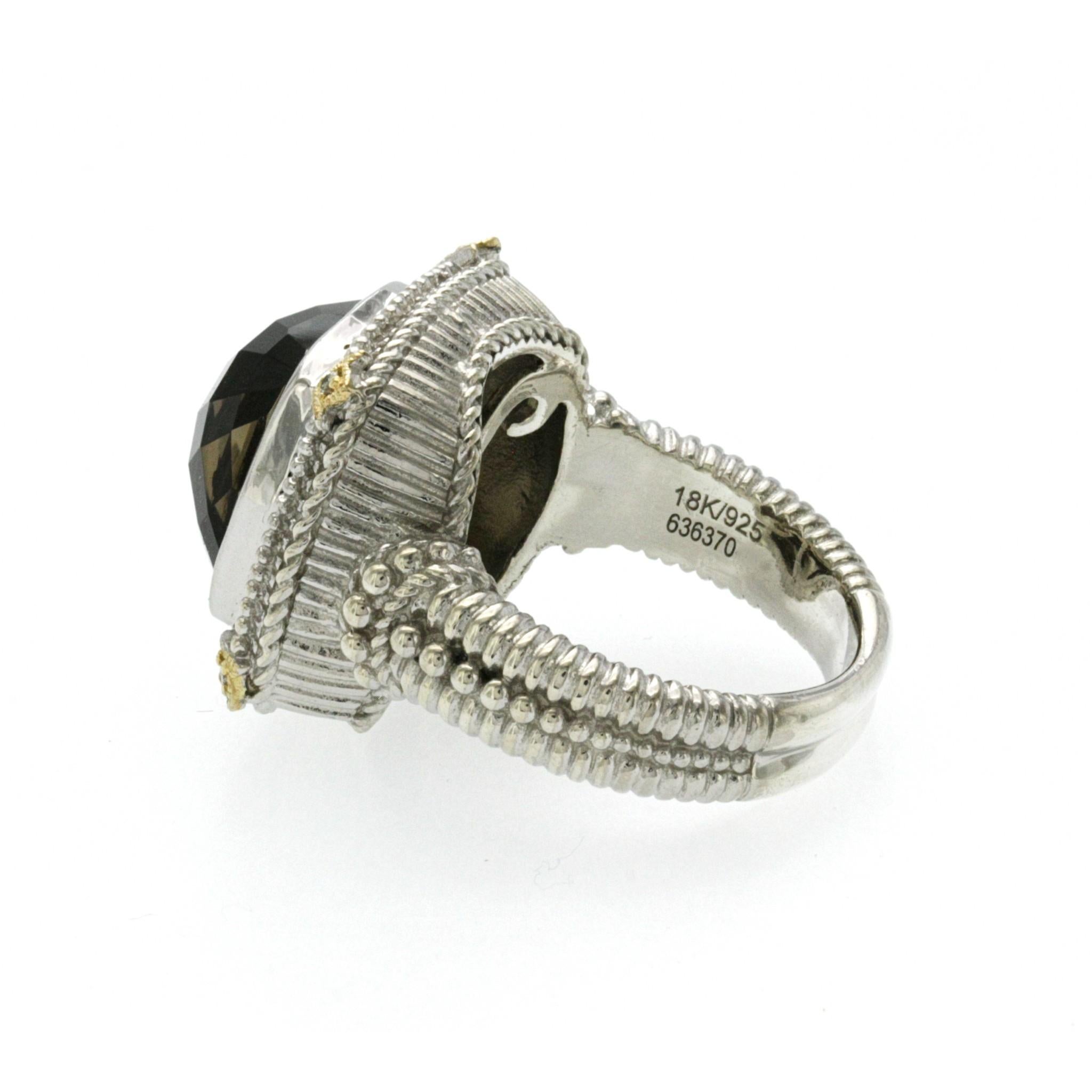 Gabriel & Co 925 Sterling Silver and 18k Gold Smoky Quartz Diamond Ring Size 7 In Excellent Condition For Sale In Los Angeles, CA