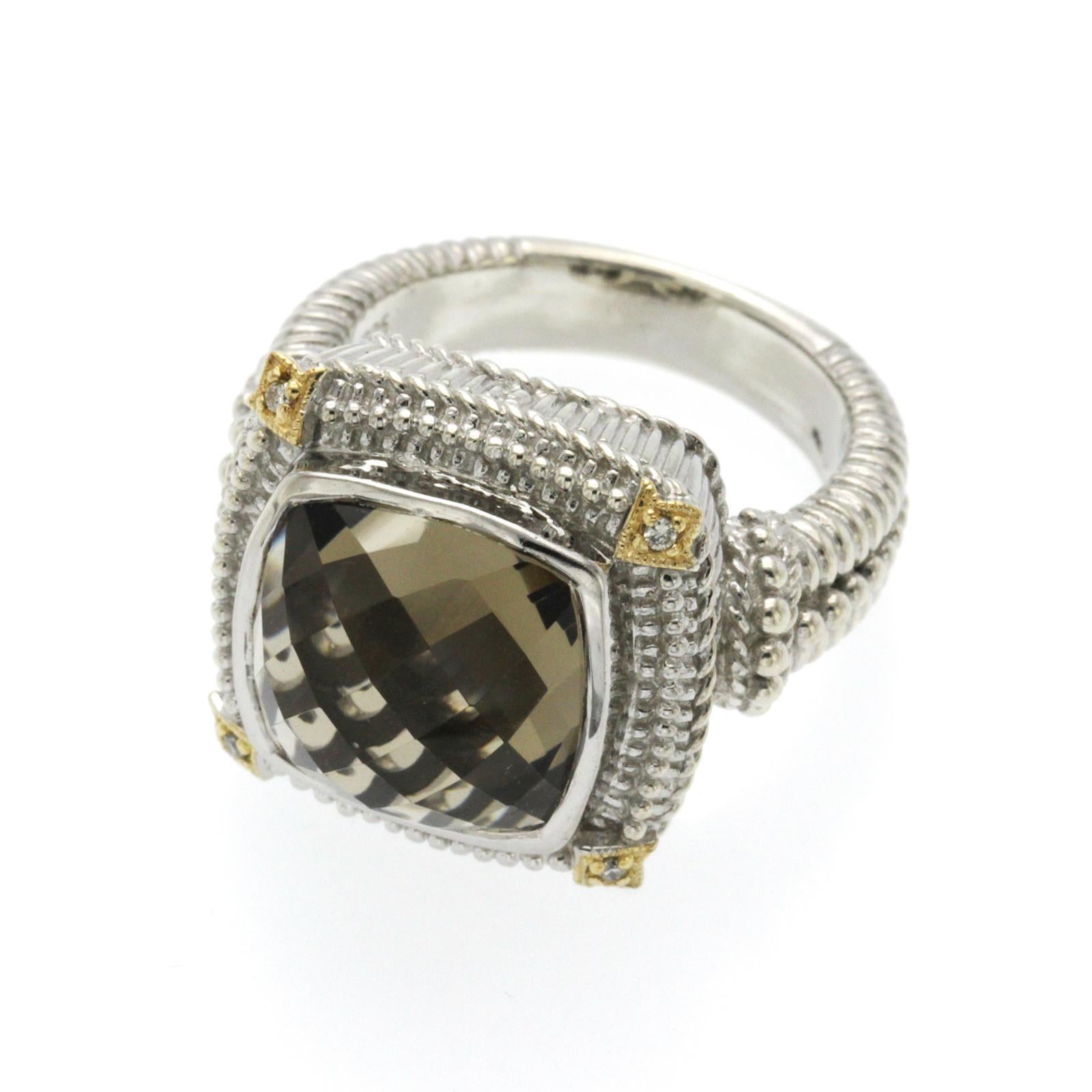 Women's or Men's Gabriel & Co 925 Sterling Silver and 18k Gold Smoky Quartz Diamond Ring Size 7 For Sale