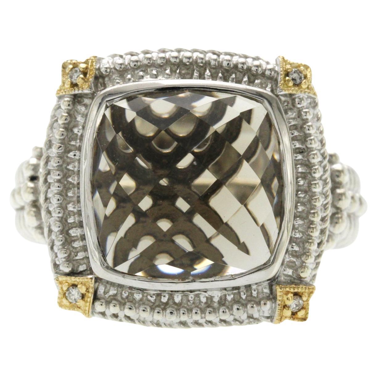 Gabriel & Co 925 Sterling Silver and 18k Gold Smoky Quartz Diamond Ring Size 7 For Sale