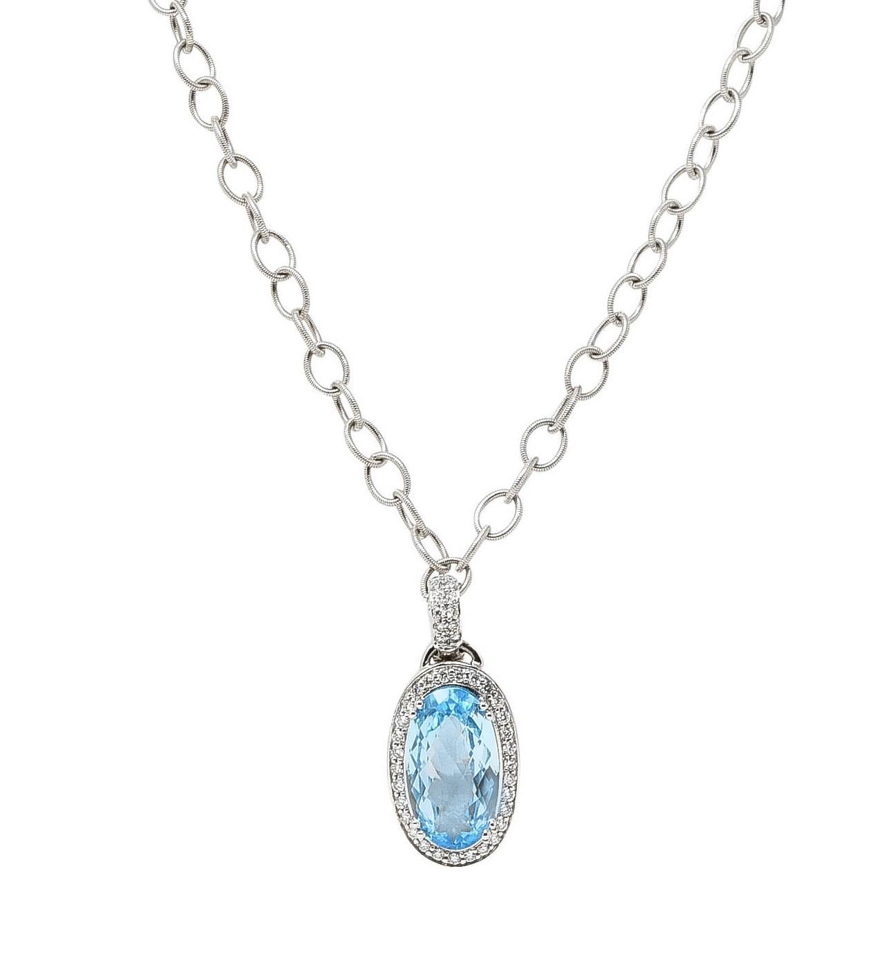 Gabriel & Co. Blue Topaz Diamond 14 Karat White Gold Enhancer Necklace 8