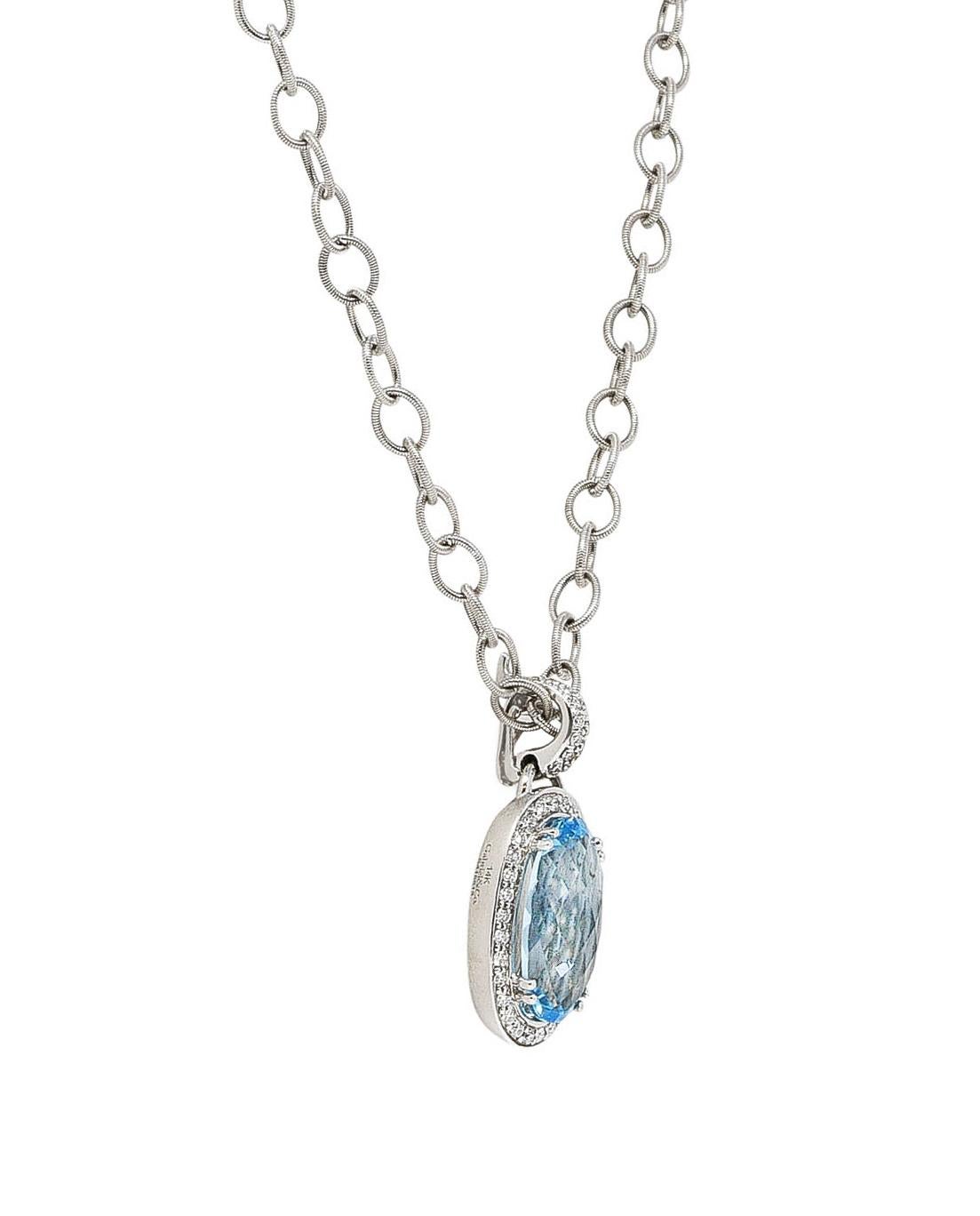 Oval Cut Gabriel & Co. Blue Topaz Diamond 14 Karat White Gold Enhancer Necklace