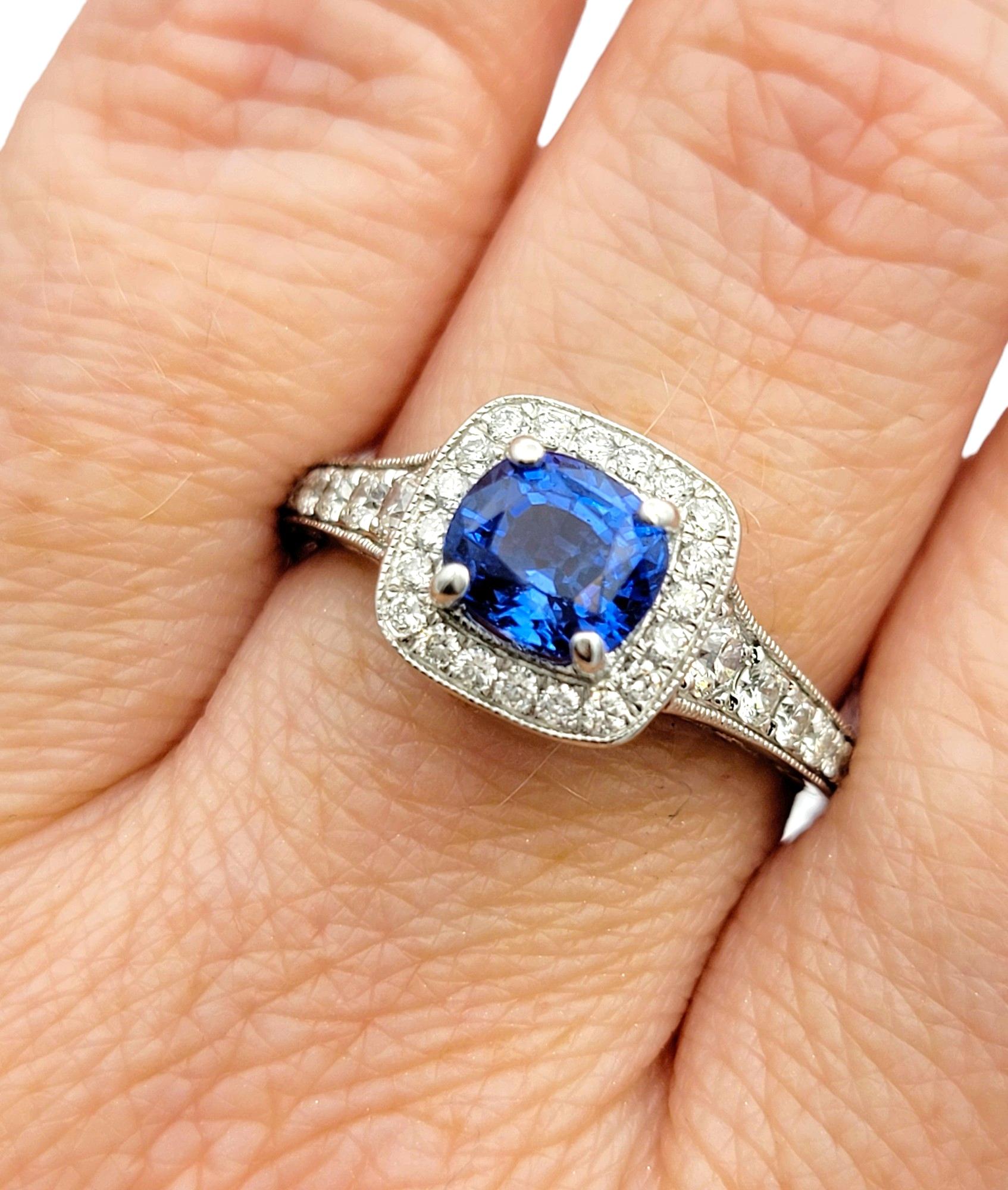 Gabriel & Co. Cushion Cut Blue Sapphire Diamond Halo Ring in 14 Karat White Gold For Sale 5