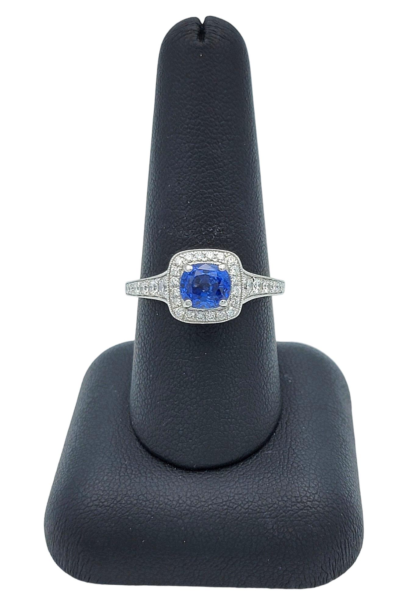 Gabriel & Co. Cushion Cut Blue Sapphire Diamond Halo Ring in 14 Karat White Gold For Sale 6