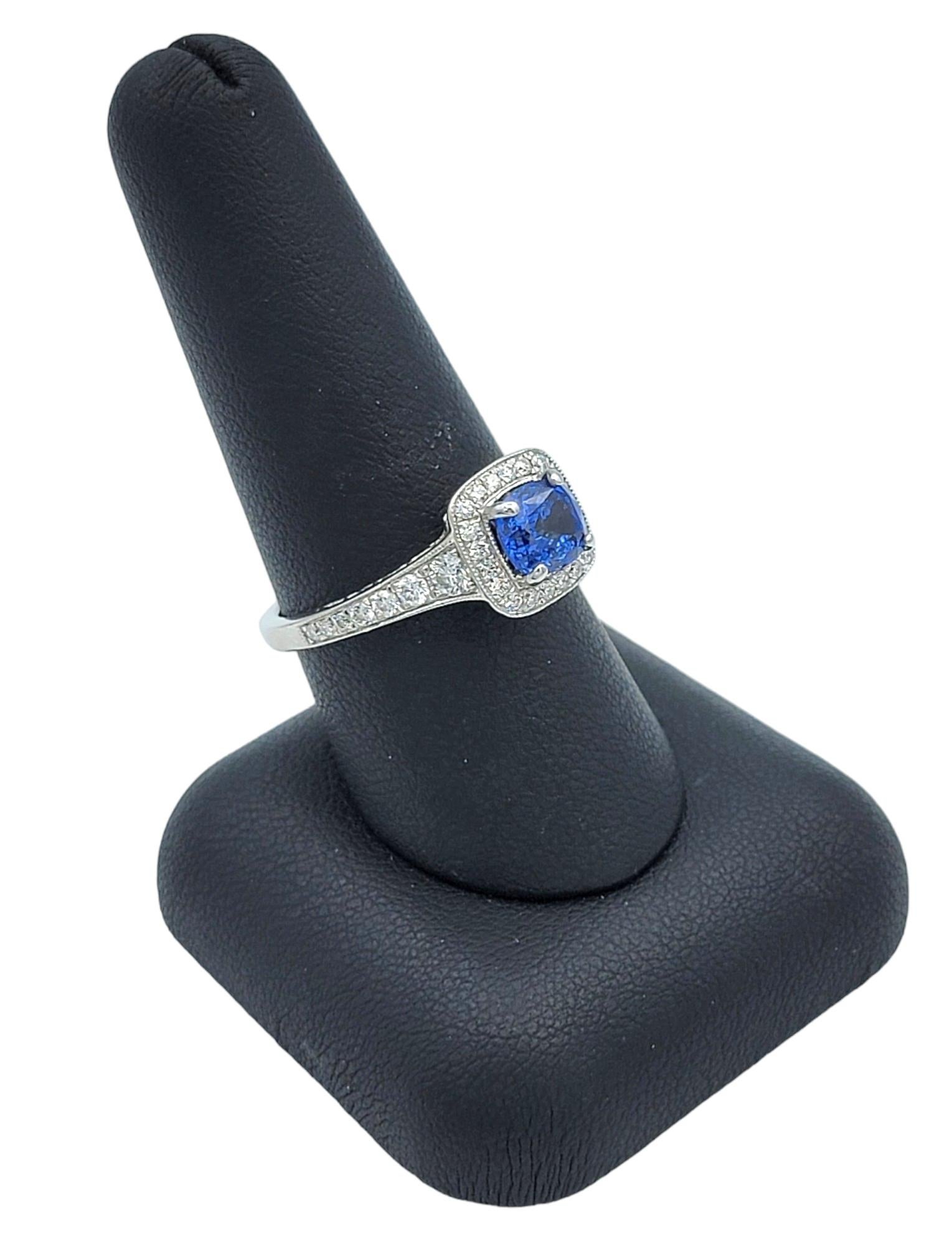 Gabriel & Co. Cushion Cut Blue Sapphire Diamond Halo Ring in 14 Karat White Gold For Sale 7
